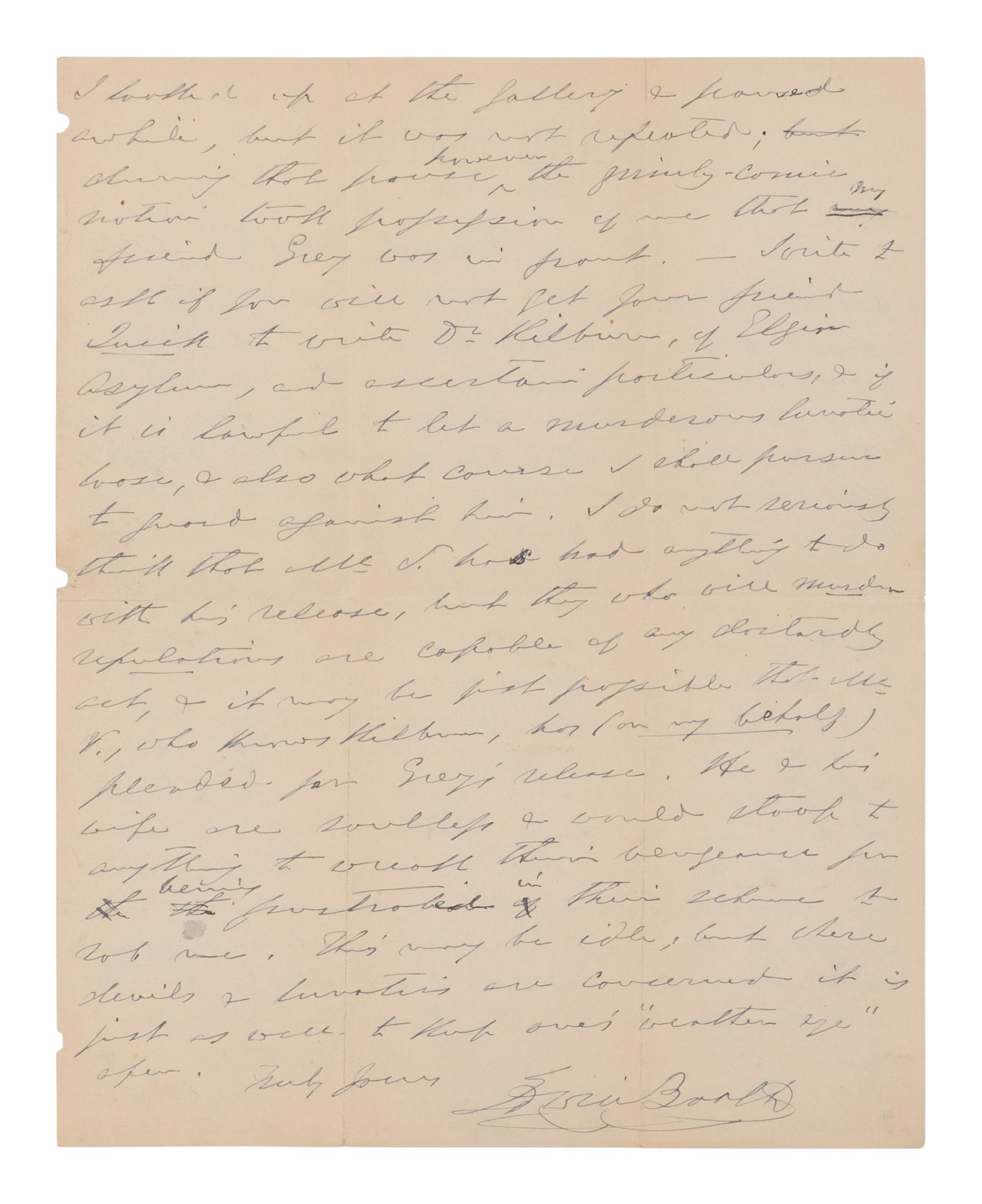 BOOTH, Edwin (1833-1893). Autograph letter signed ("Edwin Booth") to Luke Lockwood describing an attempted assassination by a theatergoer, Cincinnati, 2 March 1882.