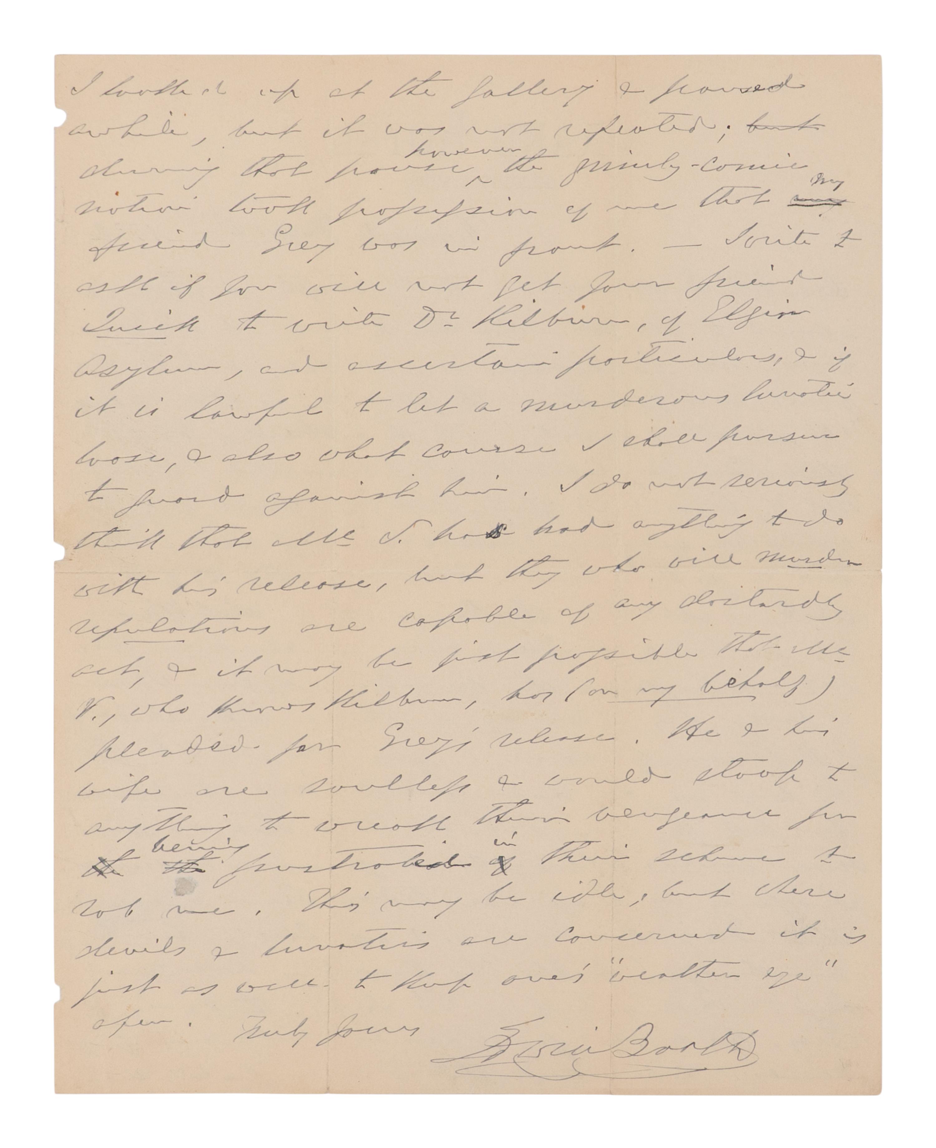 BOOTH, Edwin (1833-1893). Autograph letter signed ("Edwin Booth") to Luke Lockwood describing an attempted assassination by a theatergoer, Cincinnati, 2 March 1882.