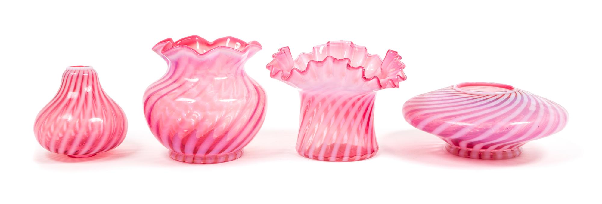 A Collection of Four Cranberry Swirl Decorated Articles Height of tallest 4 3/4 inches.