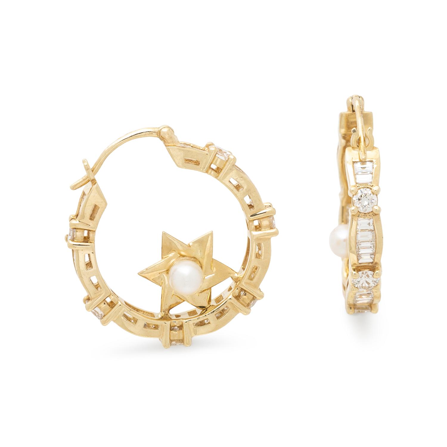 YELLOW GOLD, DIAMOND, AND CULTURED PEARL HOOP EARRINGS