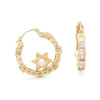 YELLOW GOLD, DIAMOND, AND CULTURED PEARL HOOP EARRINGS