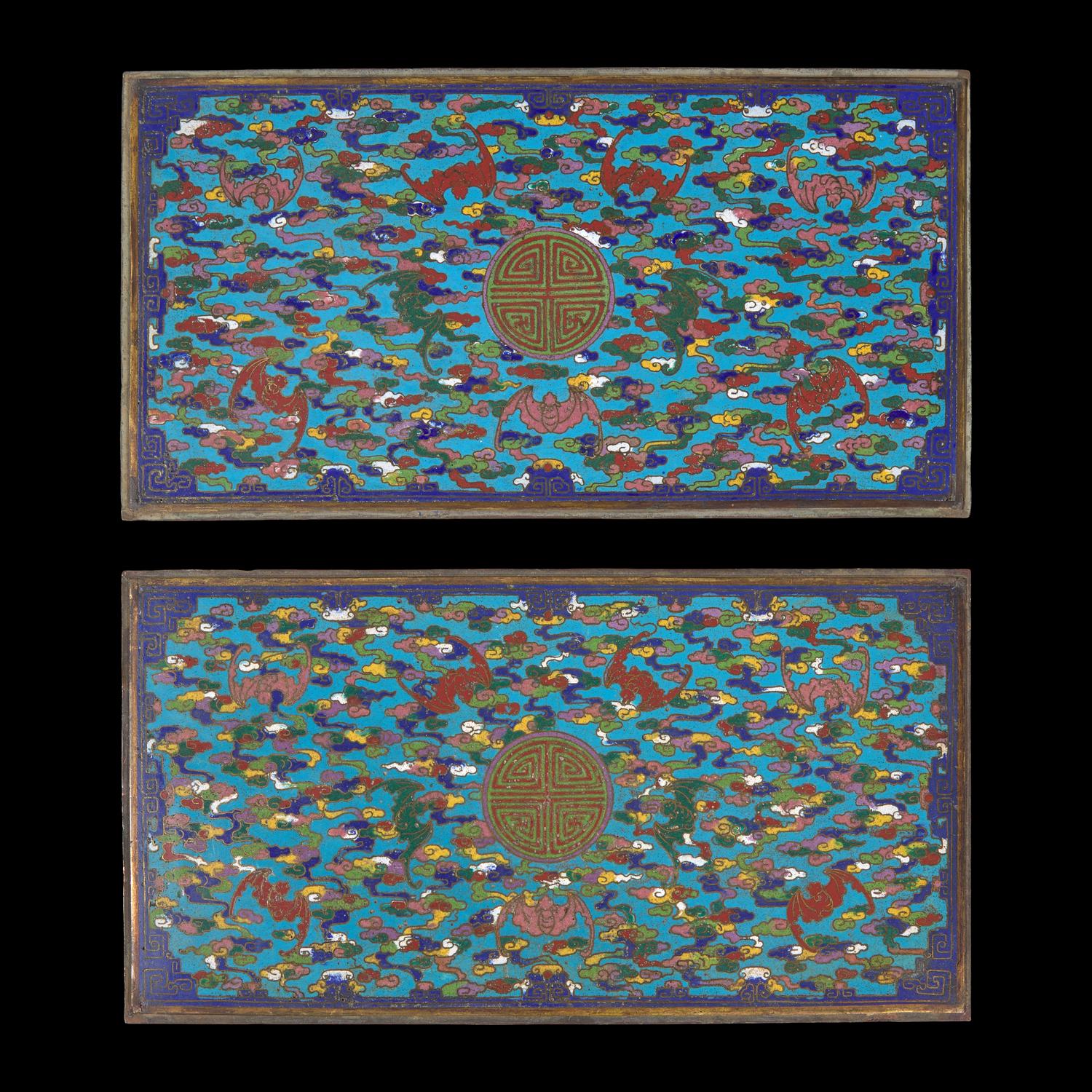 A Pair of Chinese Rectangular Cloisonne Enamel Plaques, Qianlong/Jiaqing Period 清乾嘉 掐絲琺琅雲蝠紋長方牌一對