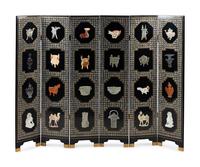 A Chinese Six-Panel Black Lacquered and Hardstone Inlaid Folding Screen