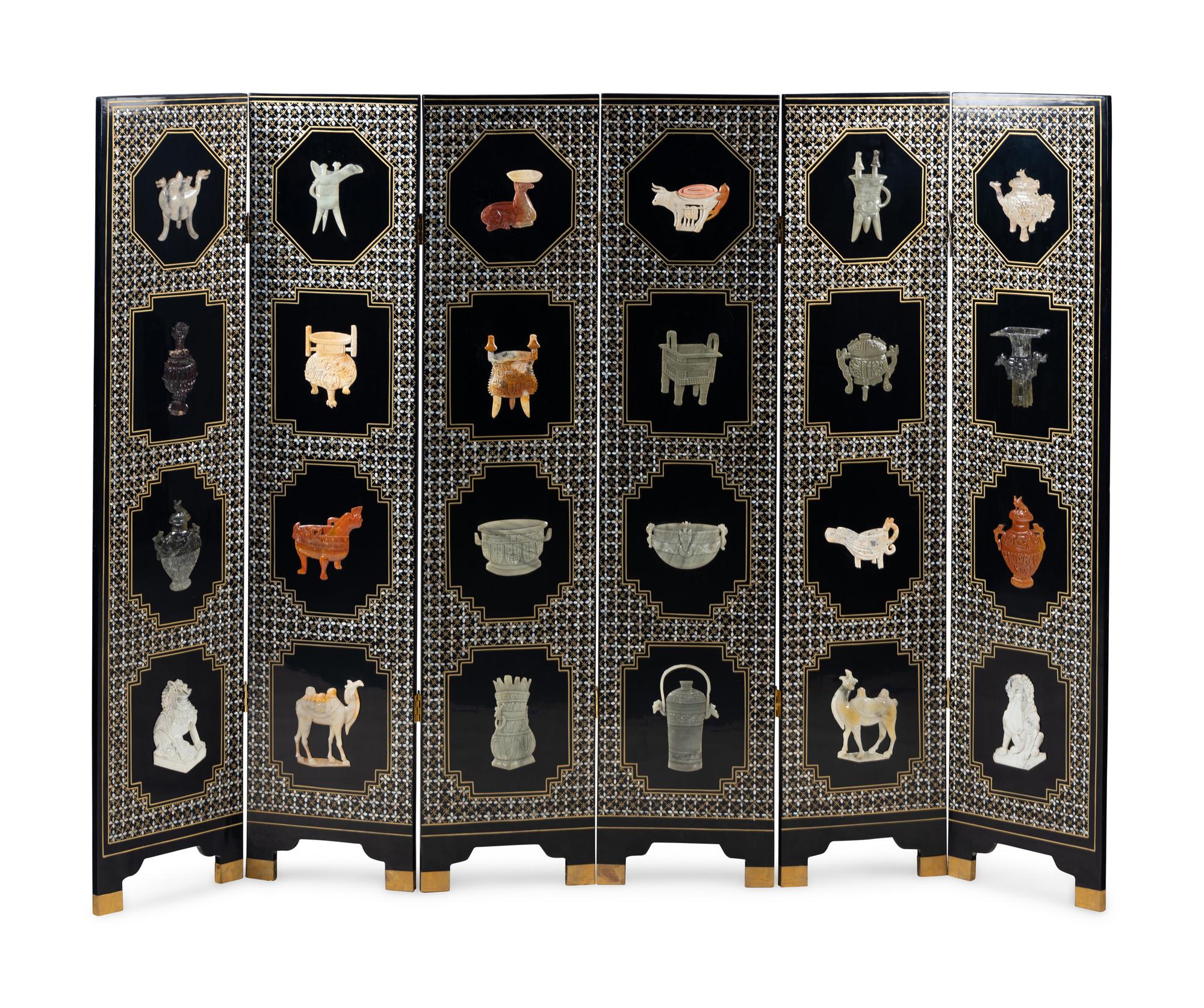 A Chinese Six-Panel Black Lacquered and Hardstone Inlaid Folding Screen