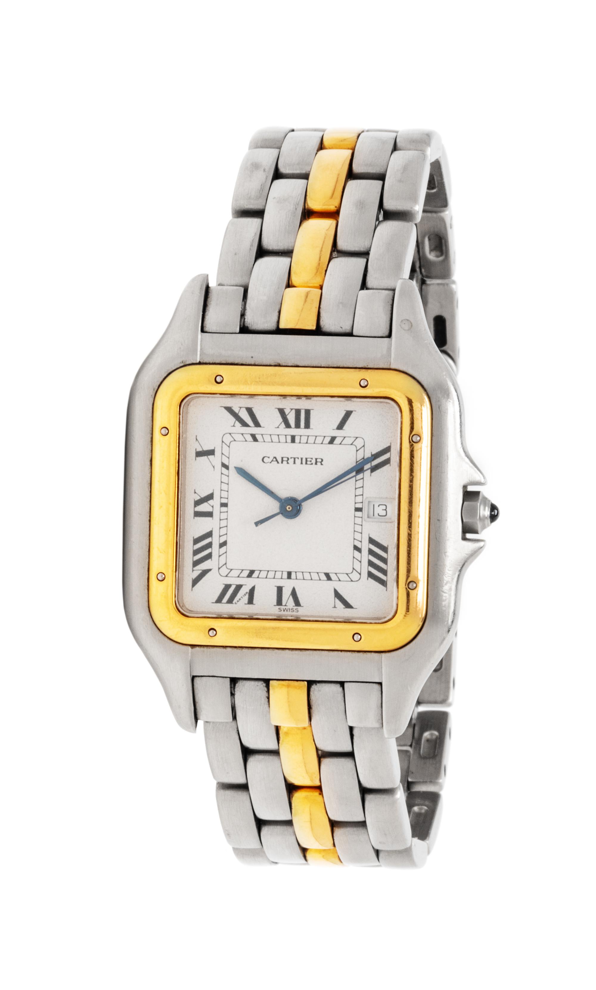 A Stainless Steel and Yellow Gold 'Panthere' Wristwatch, Cartier, 50.30 dwts.