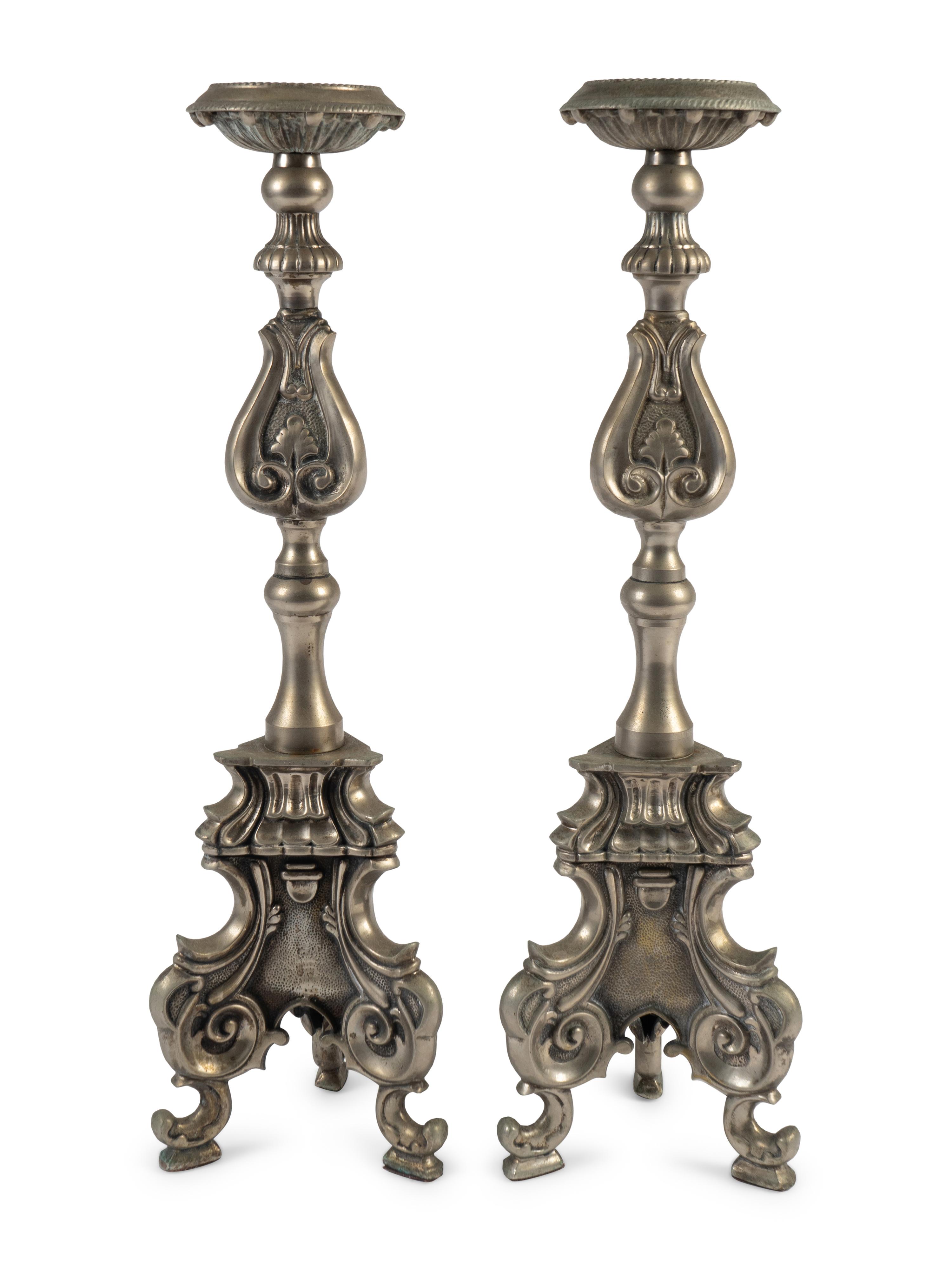 A Pair of Italian Renaissance Style Silvered Brass Pricketsticks