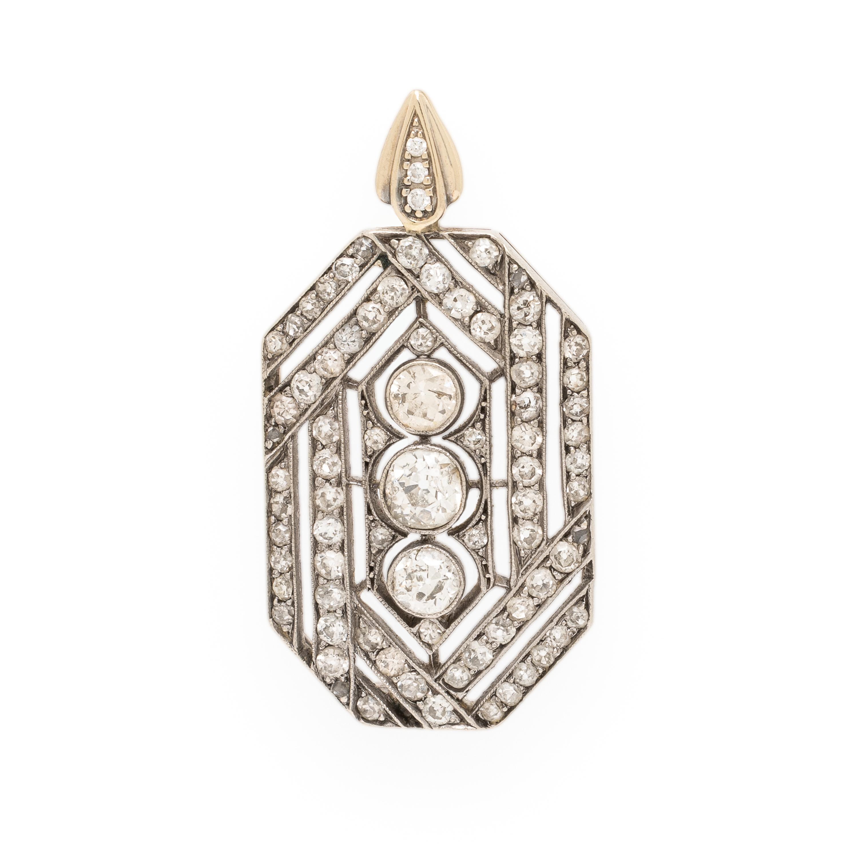 Diamond, Silver-Topped Gold, and Yellow Gold Pendant Brooch