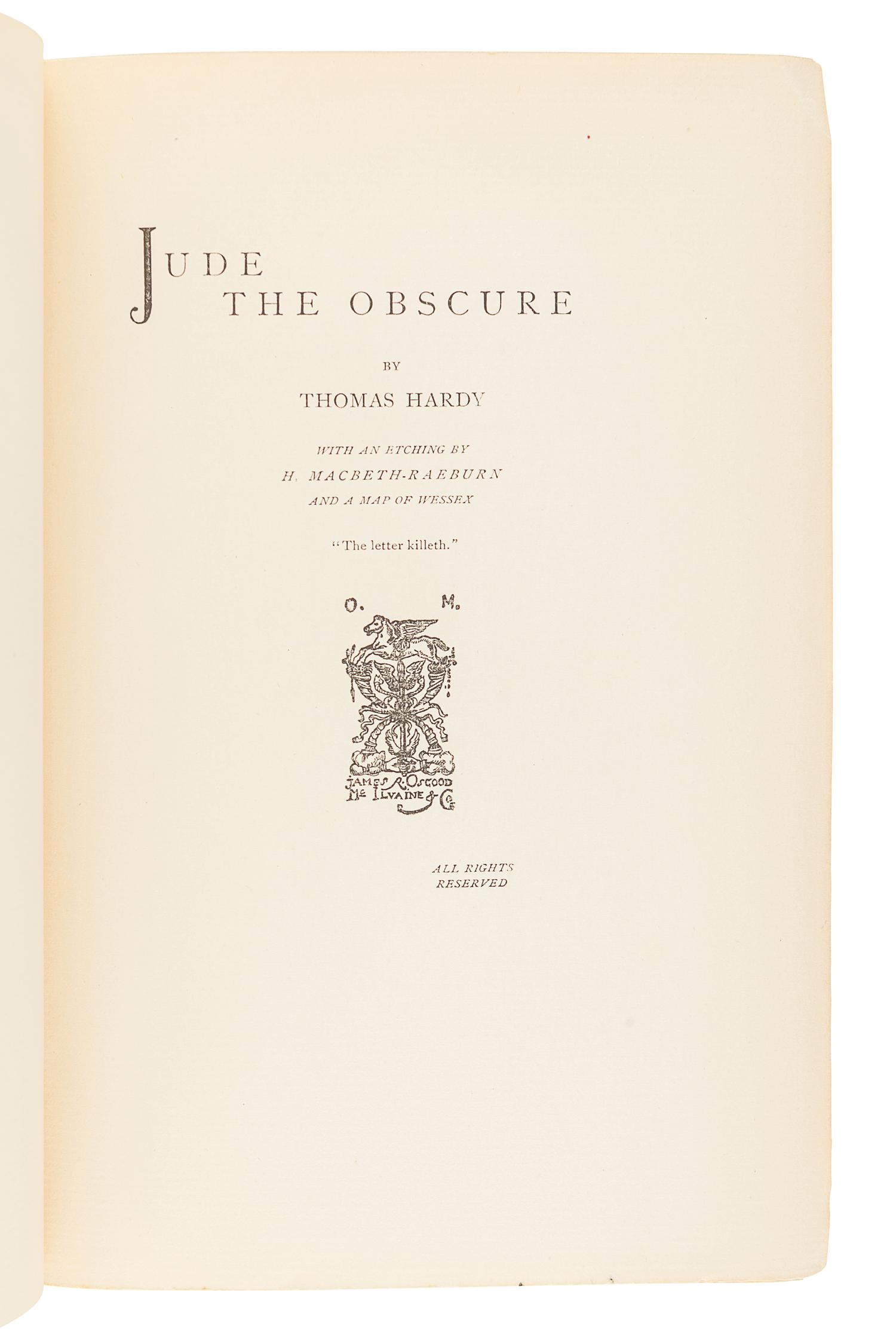 HARDY, Thomas (1840-1928). Jude the Obscure. London: James R. Osgood, McIlvaine and Co.,1896.