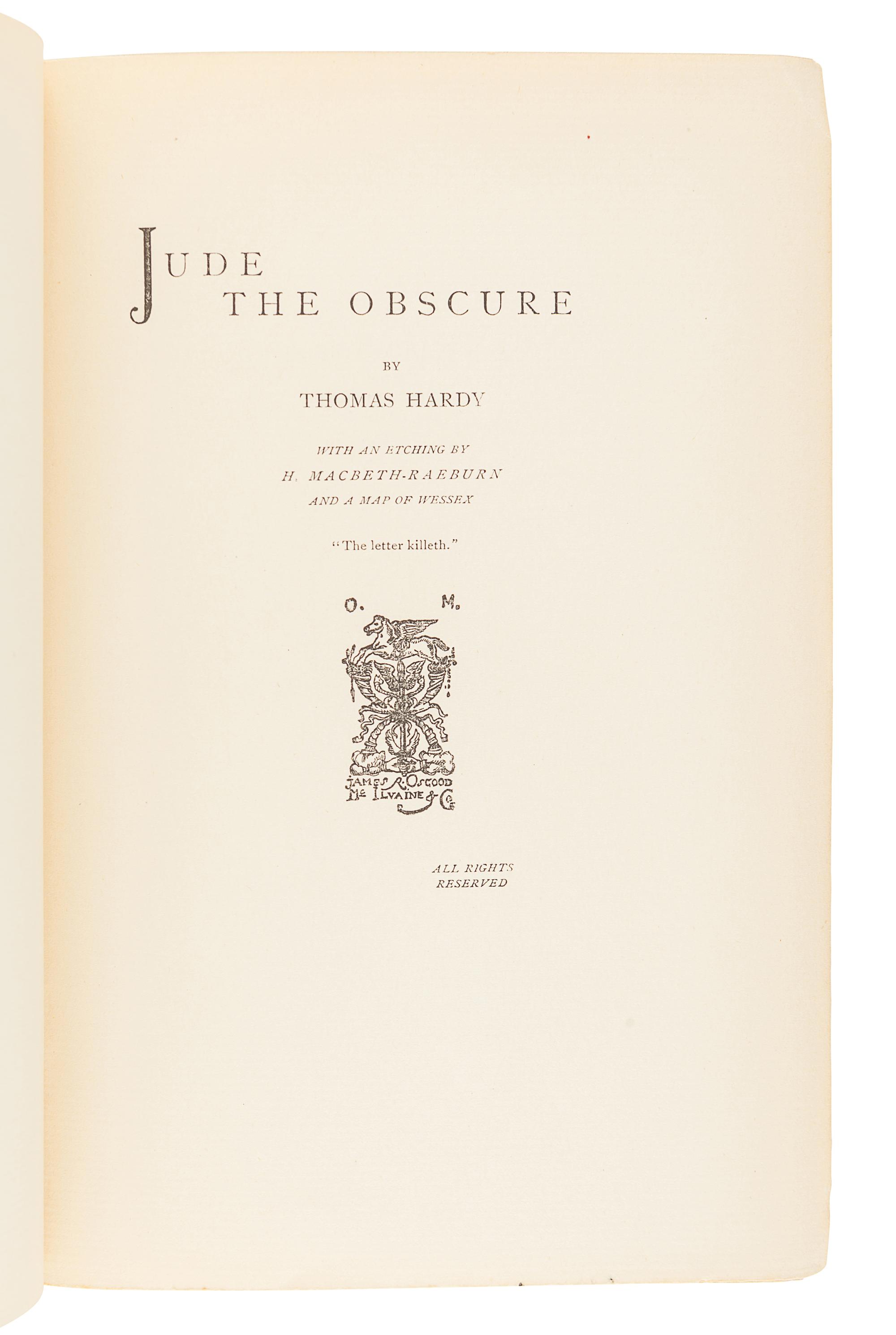 HARDY, Thomas (1840-1928). Jude the Obscure. London: James R. Osgood, McIlvaine and Co.,1896.