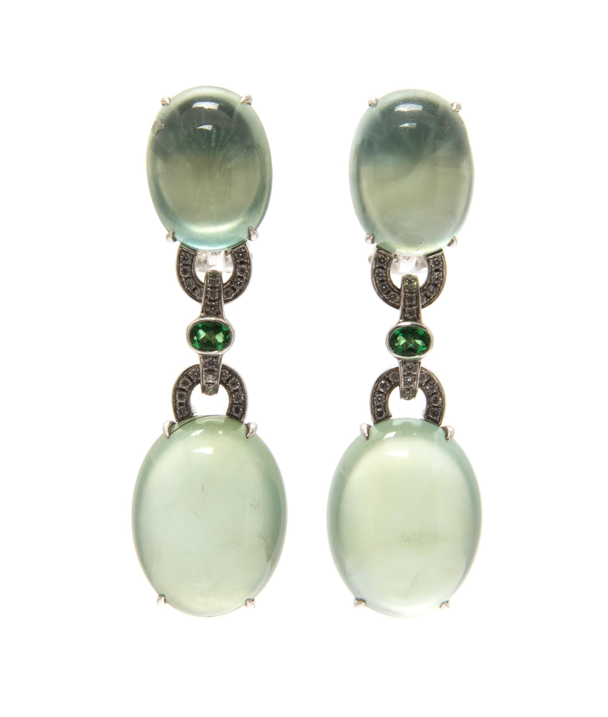 An 18 Karat White Gold, Prehnite, Green Tsavorite Garnet and Diamond Demi Parure, 65.40 dwts.