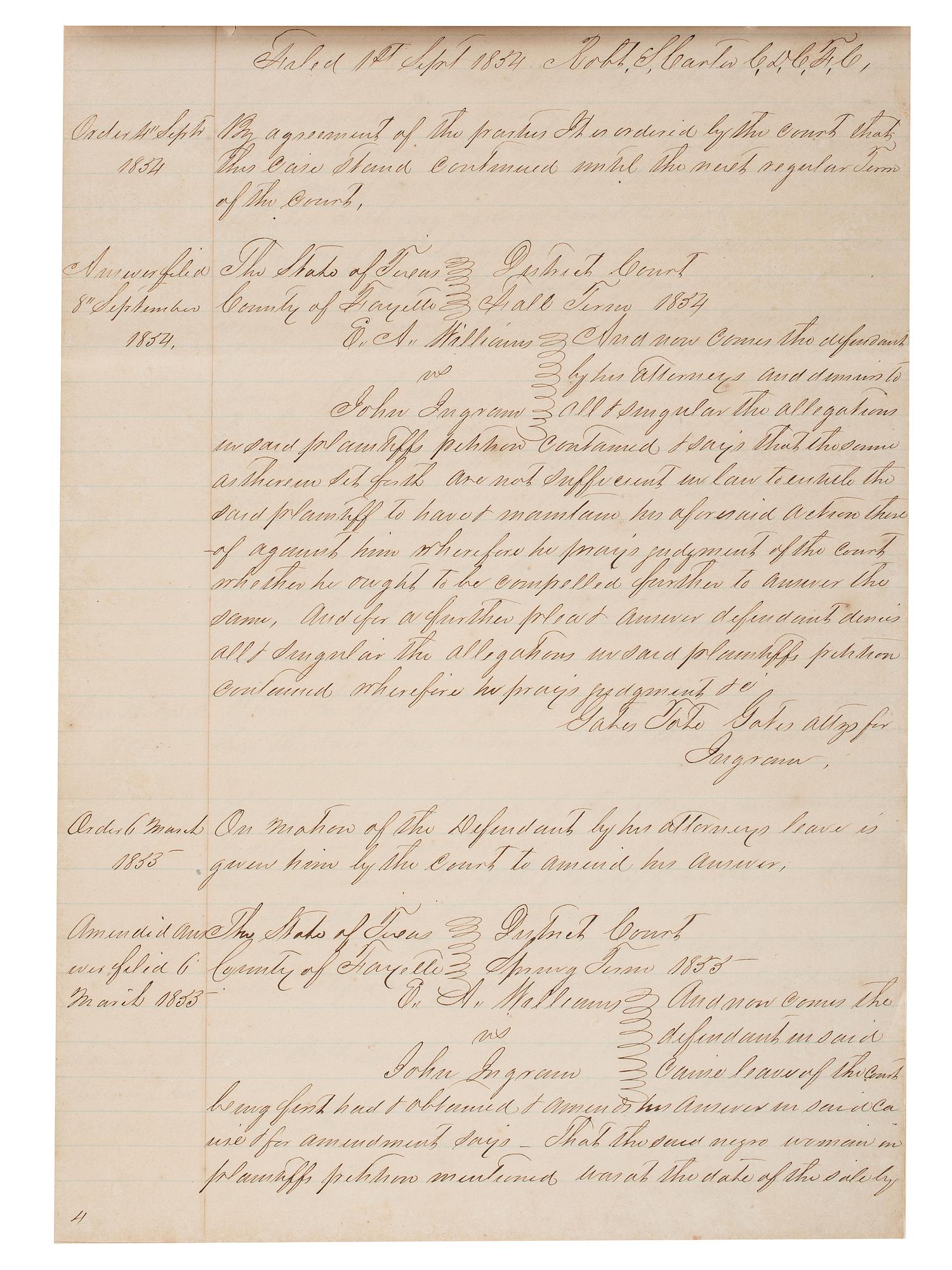 [SLAVERY & ABOLITION]. Manuscript court document related to the sale of an enslaved woman named "Frances," Fayette County, TX, 1857.