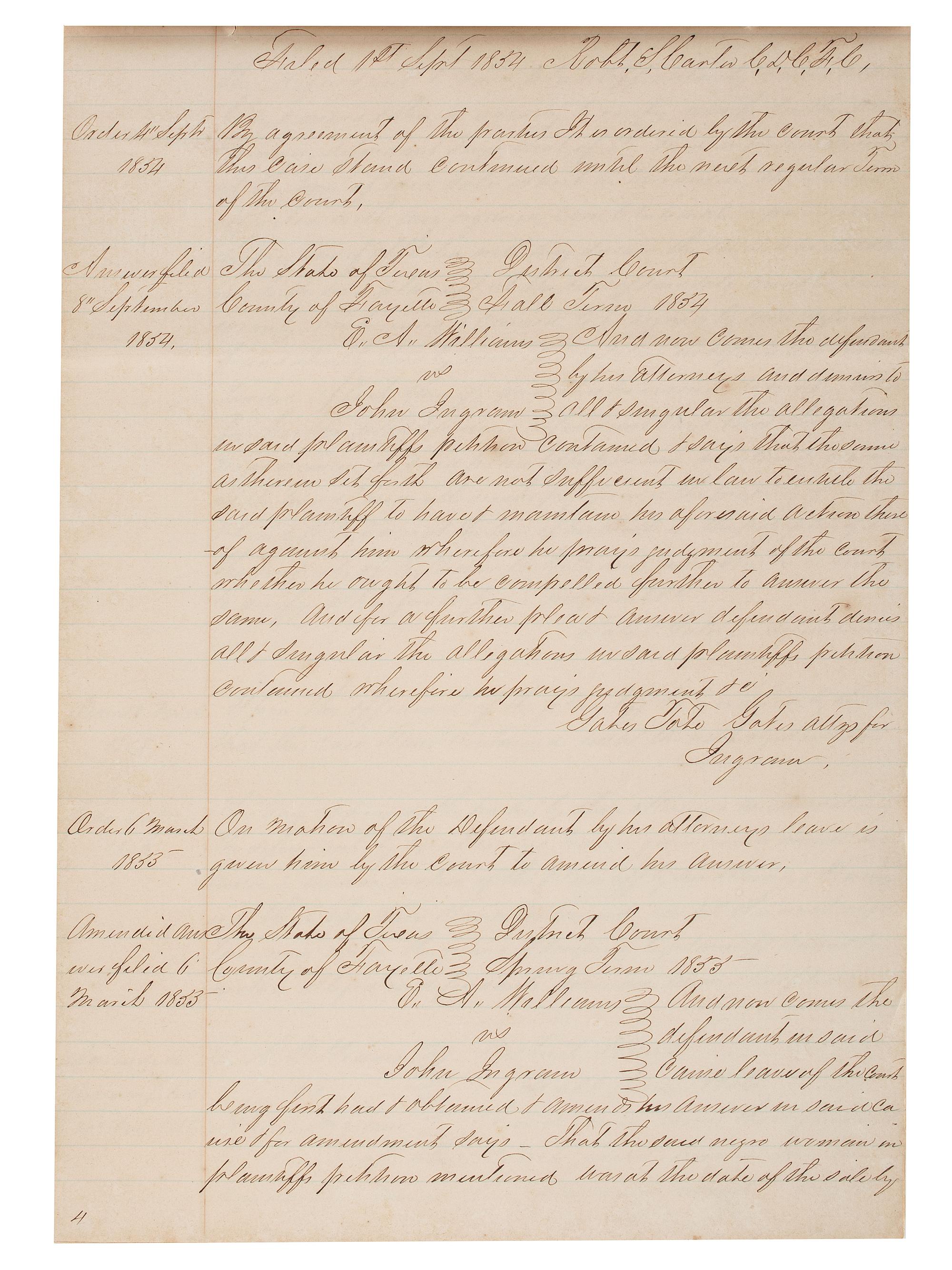 [SLAVERY & ABOLITION]. Manuscript court document related to the sale of an enslaved woman named "Frances," Fayette County, TX, 1857.