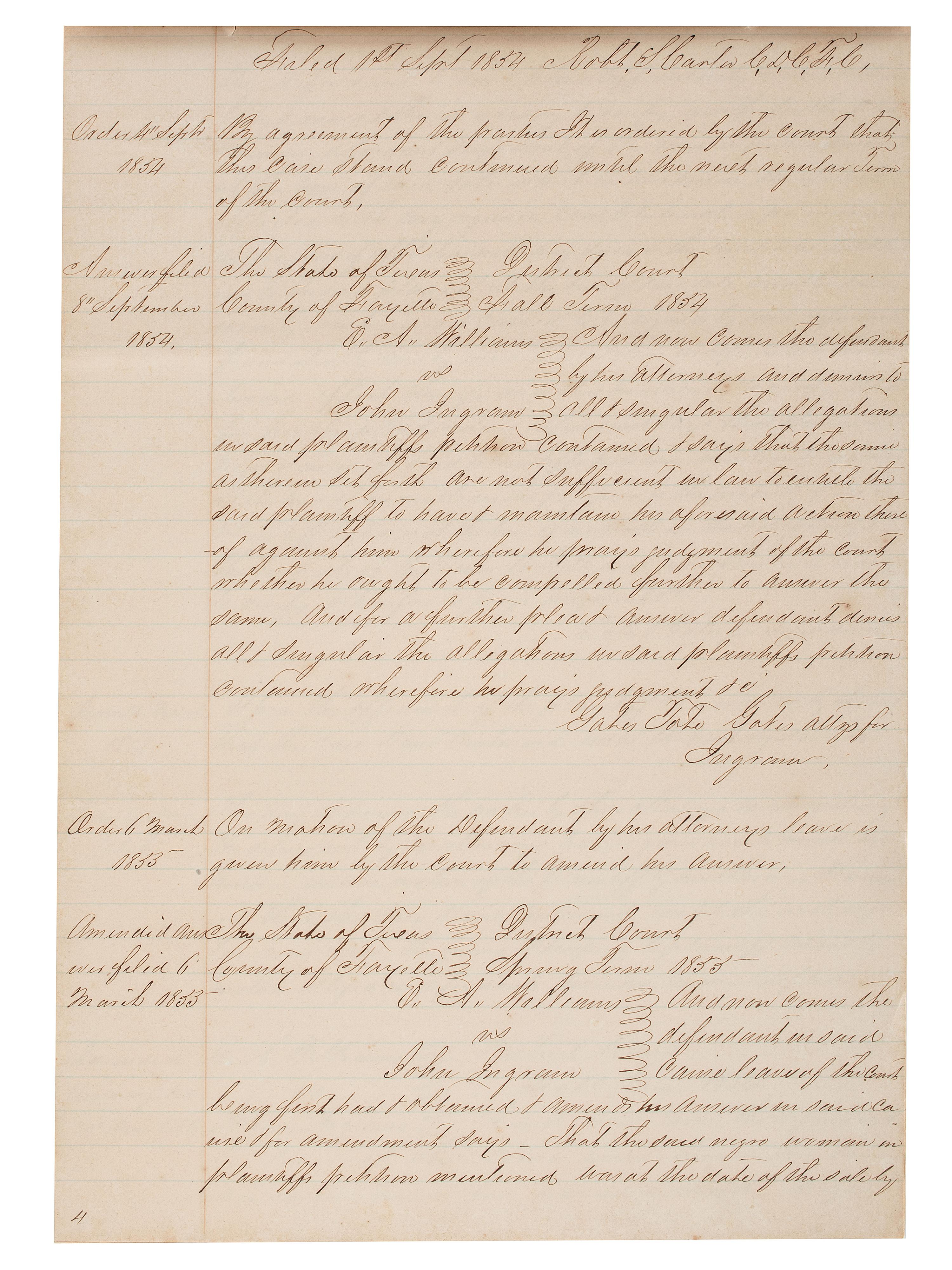 [SLAVERY & ABOLITION]. Manuscript court document related to the sale of an enslaved woman named "Frances," Fayette County, TX, 1857.