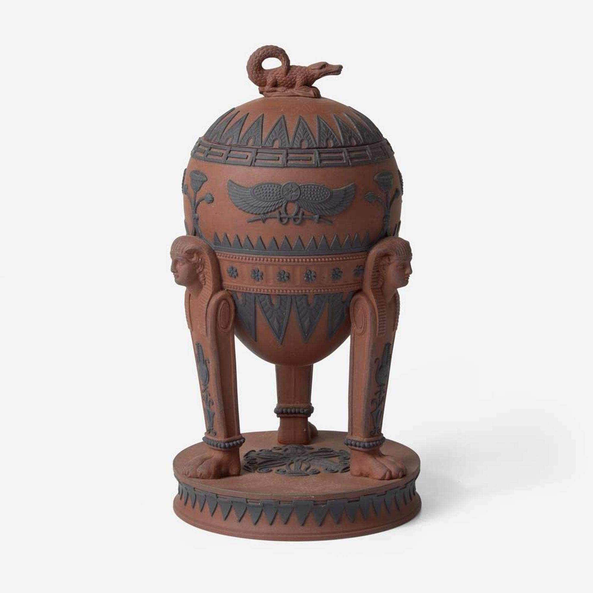 A Wedgwood Chocolate Stoneware Jasperware and Black Basalt Egyptian-Style Pastille Burner UK, circa 1875