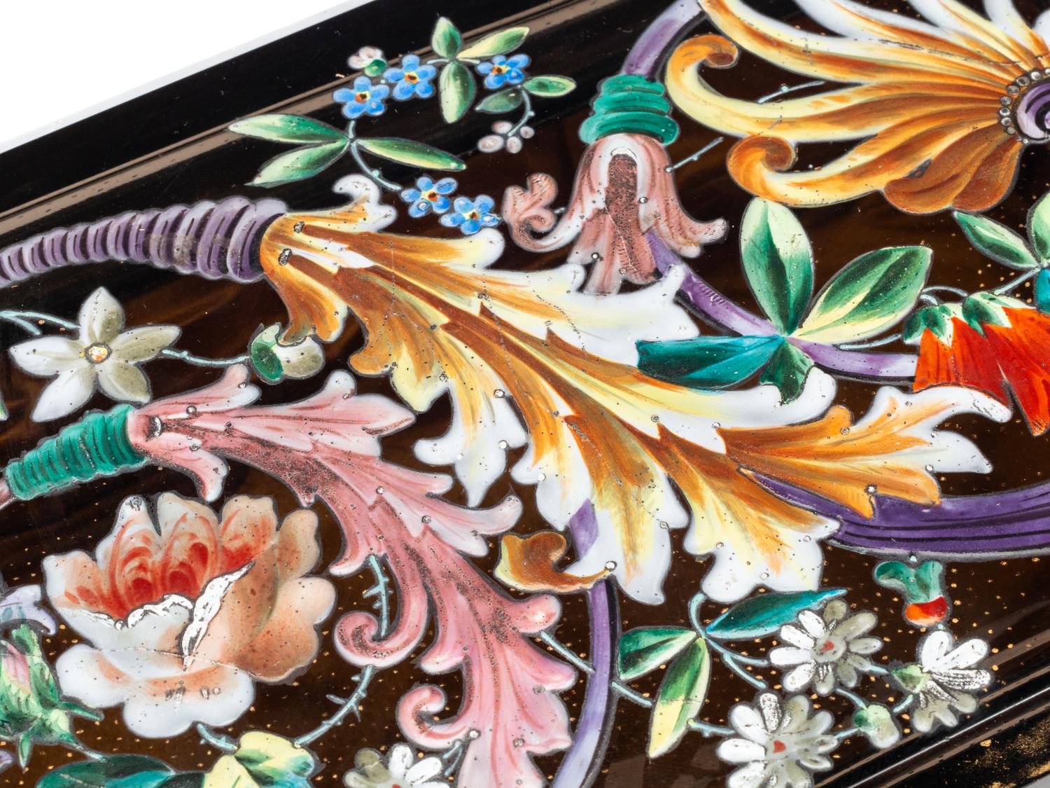 A Bohemian Enamel Decorated Amber Glass Table Casket