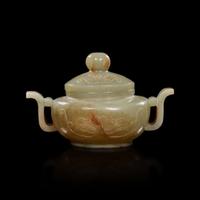 A Chinese greyish celadon small censer and cover 灰青玉帶小香爐