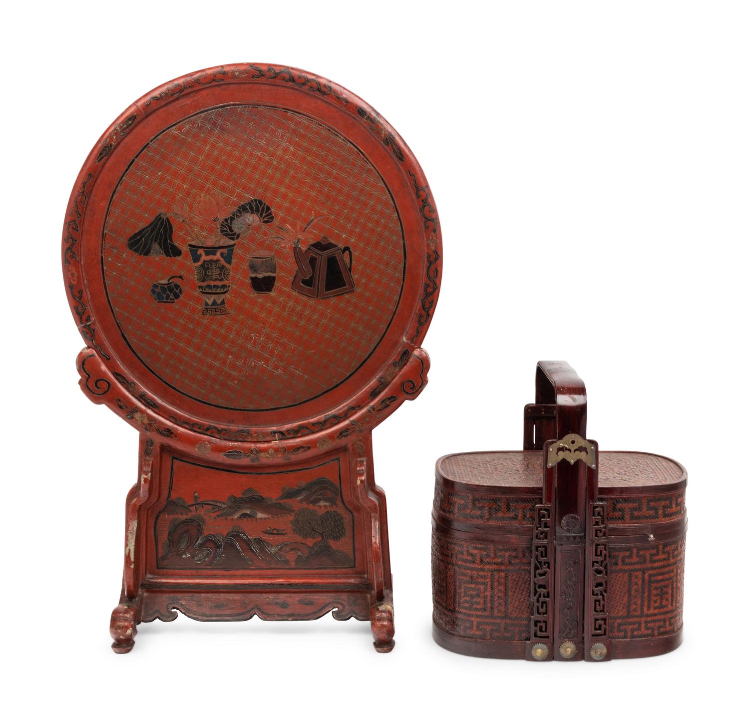 A Chinese Lacquered Bamboo Basket and A Carved Red Lacquer Table Screen