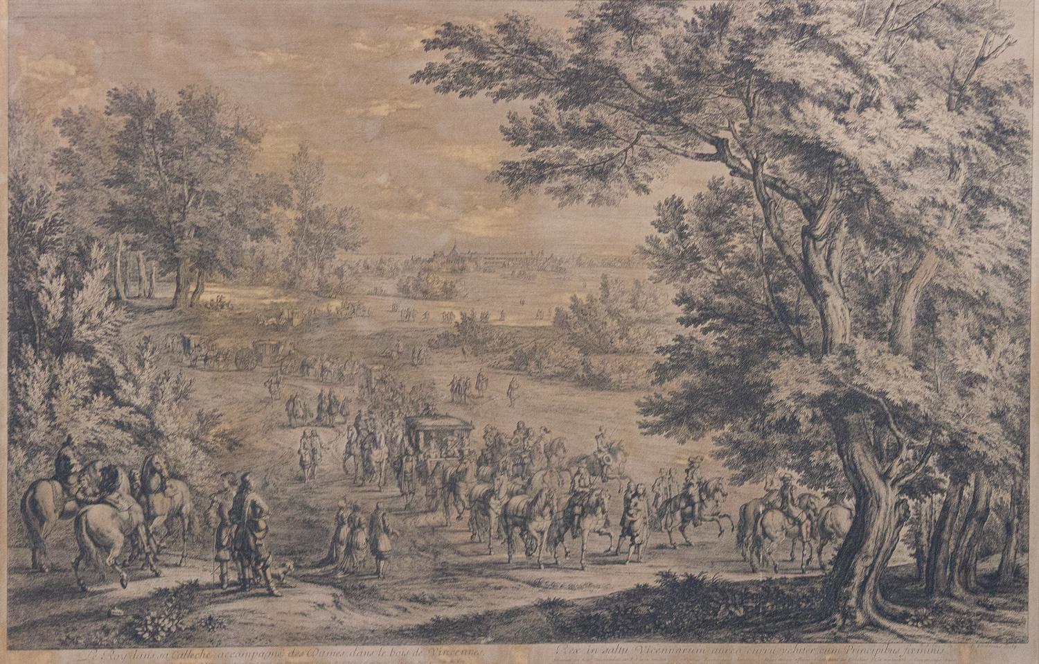 A Pair of French Engravings Height 20 3/4 x width 32 inches.