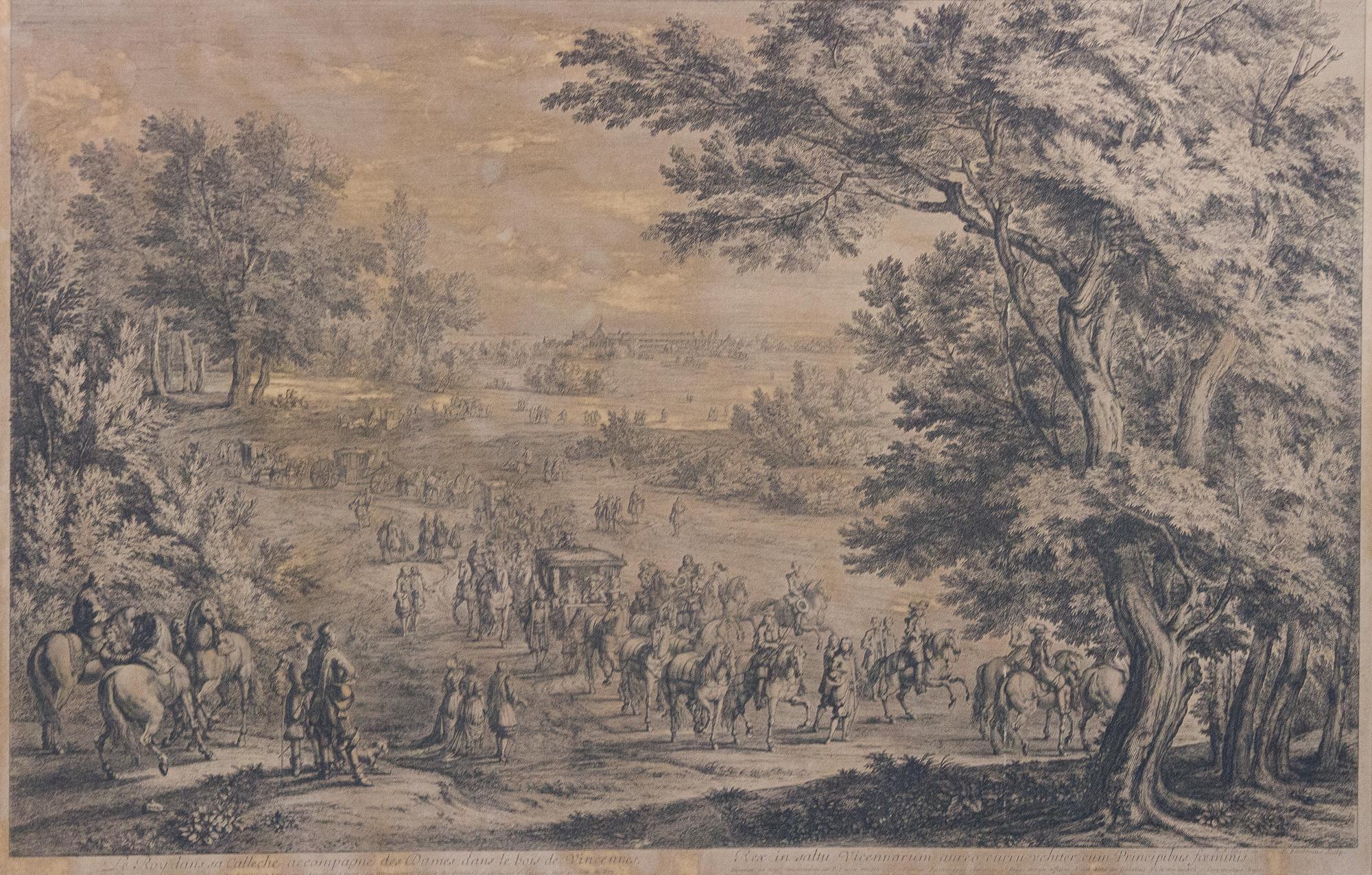 A Pair of French Engravings Height 20 3/4 x width 32 inches.