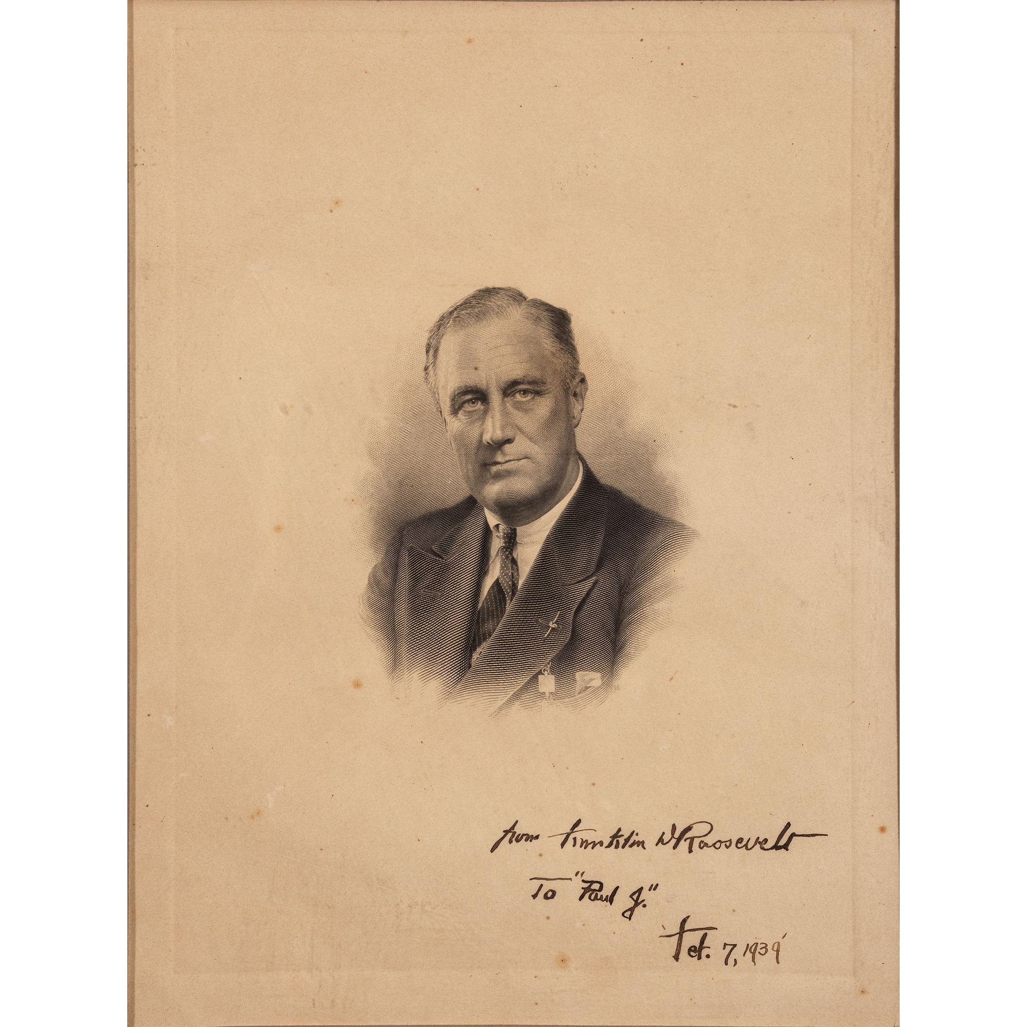 ROOSEVELT, Franklin Delano (1882-1945). Engraving signed and inscribed below image ("Franklin D. Roosevelt"). N.p., 7 February 1939.