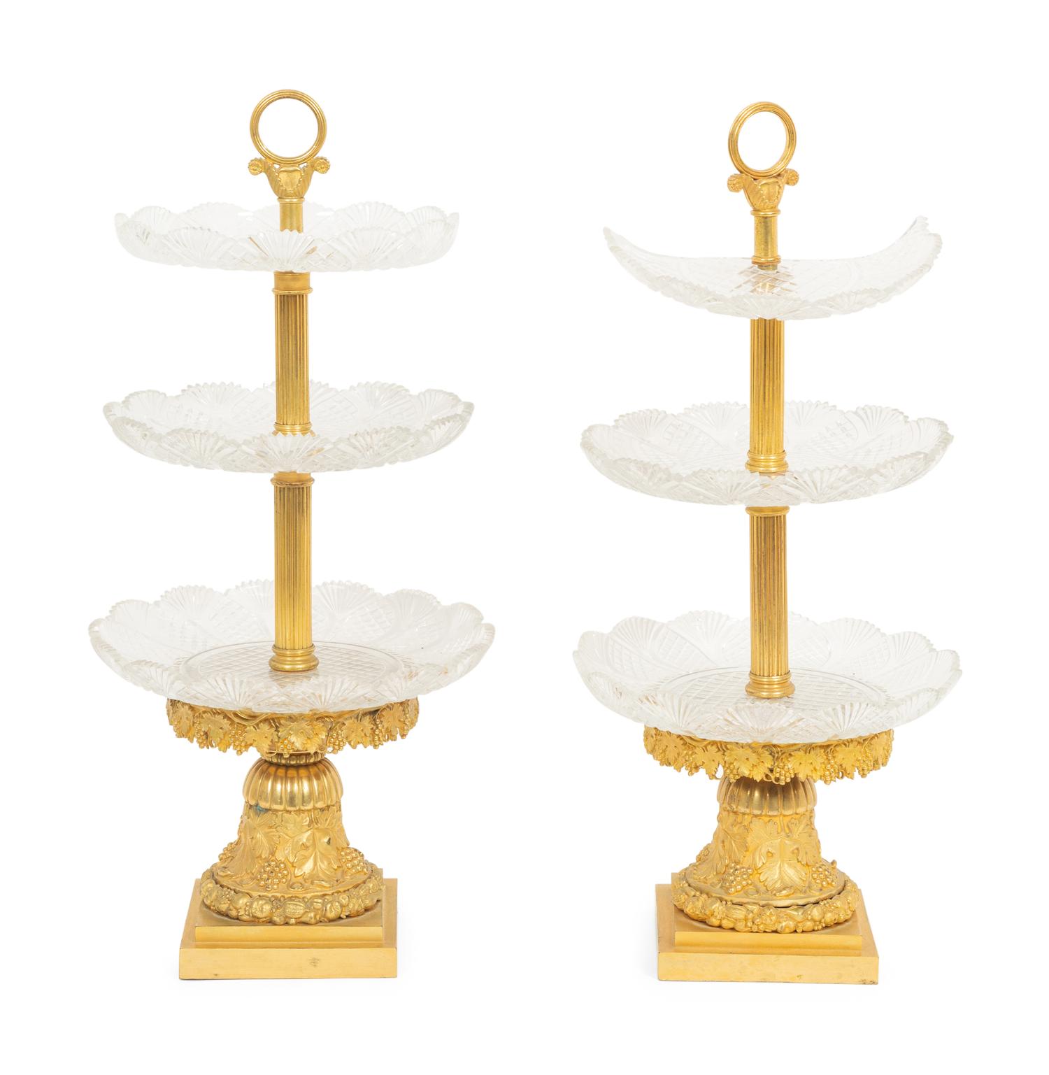 A Pair of Empire Gilt Bronze and Cut Glass Centres de Surtout de Table