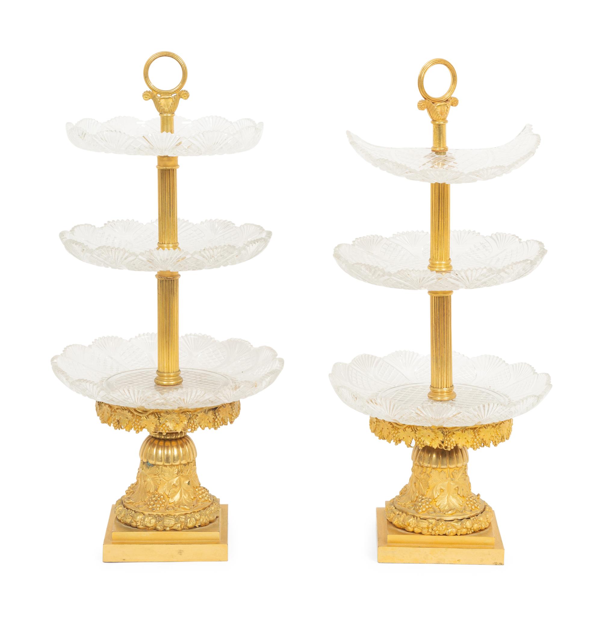 A Pair of Empire Gilt Bronze and Cut Glass Centres de Surtout de Table