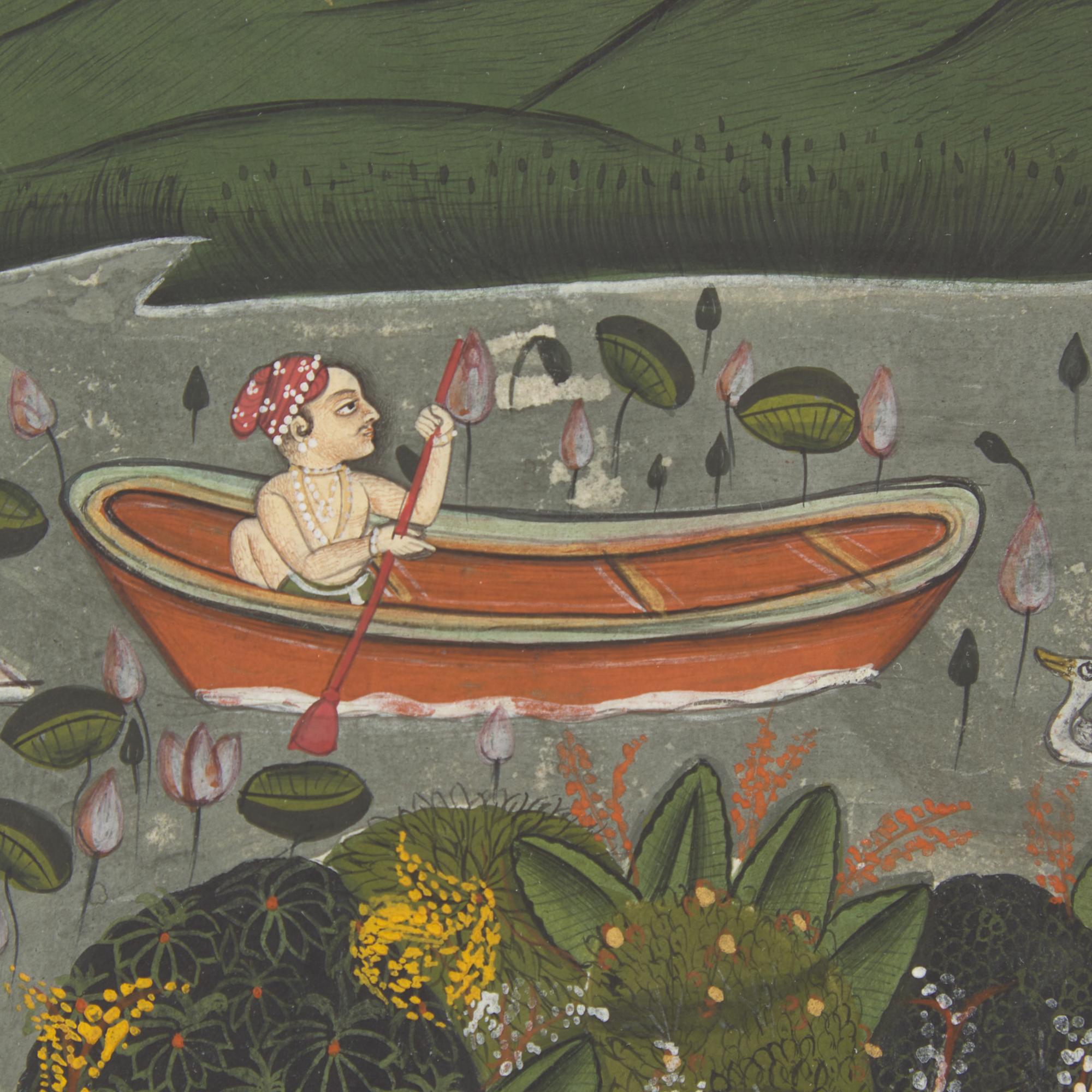 A Painting of Radha and Krishna Celebrating the Tej Festival and A Painting of Radha and Krishna Indoors Facing One Another, Probably Udaipur or Jaipur, India, 20th Century