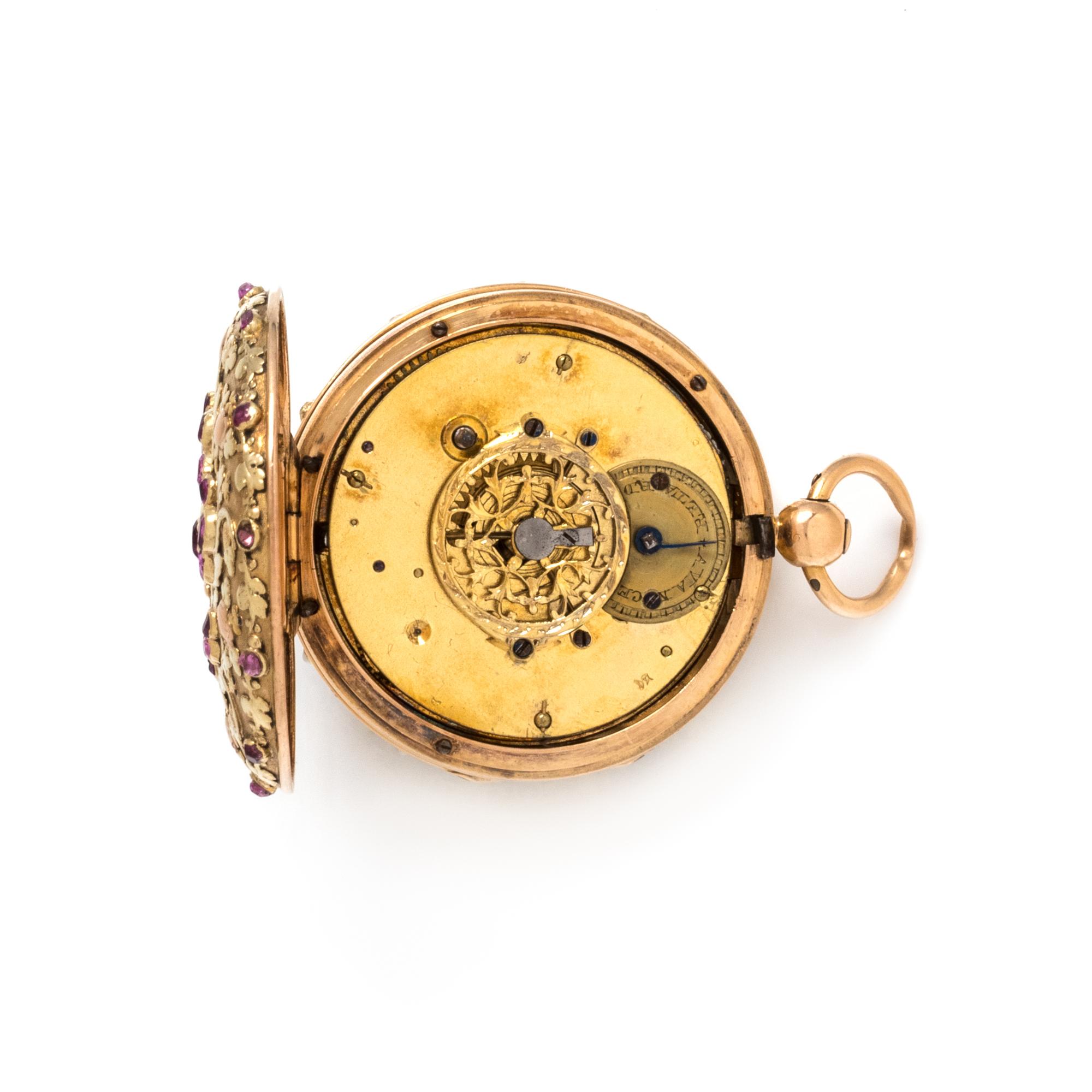 FRENCH, 18K BICOLOR GOLD, IMITATION PEARL AND PASTE OPEN FACE POCKET WATCH