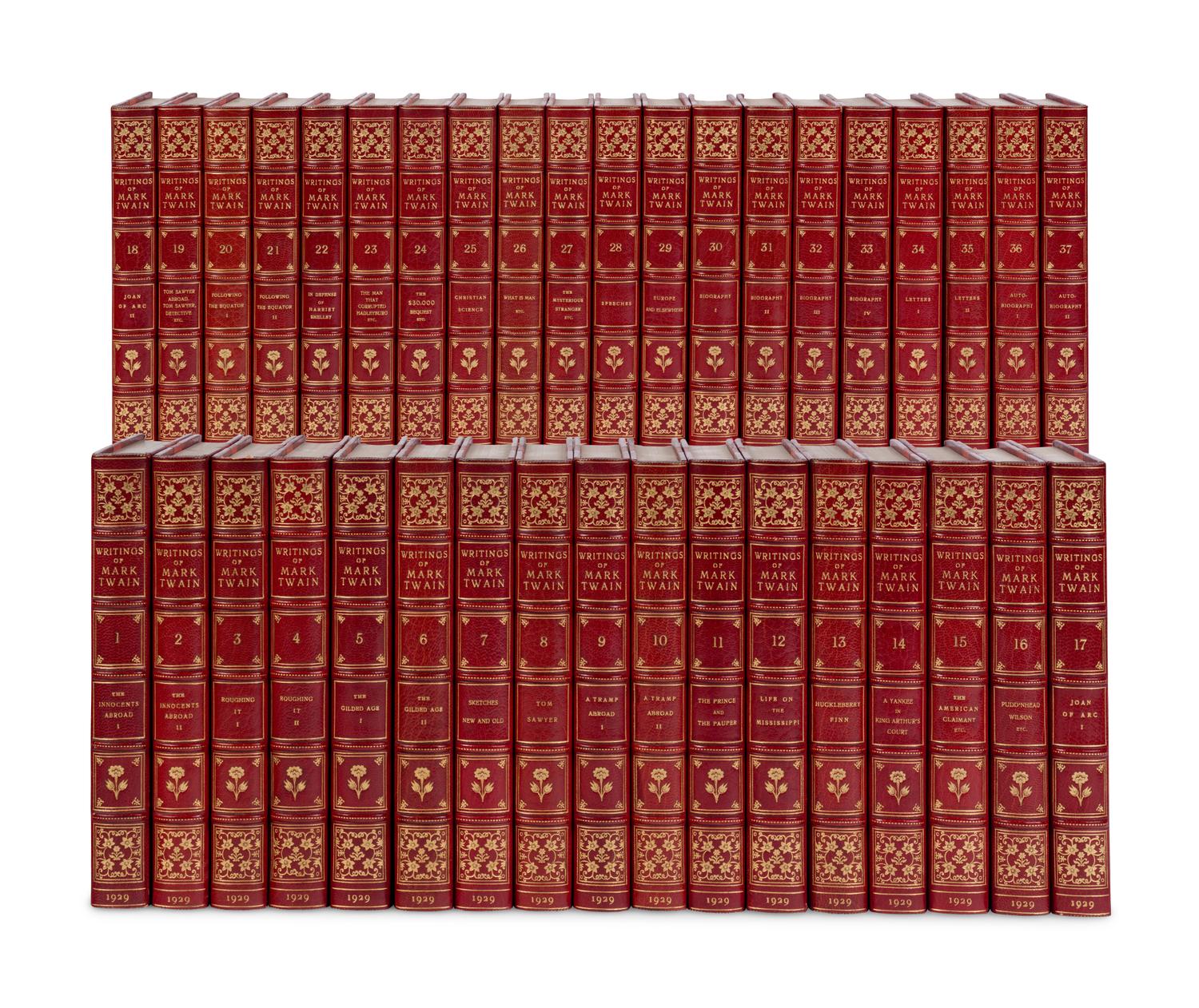 [BINDINGS]. CLEMENS, Samuel Langhorne ("Mark Twain") (1835-1910). The Writings . New York and London: Harper & Brothers, 1929.
