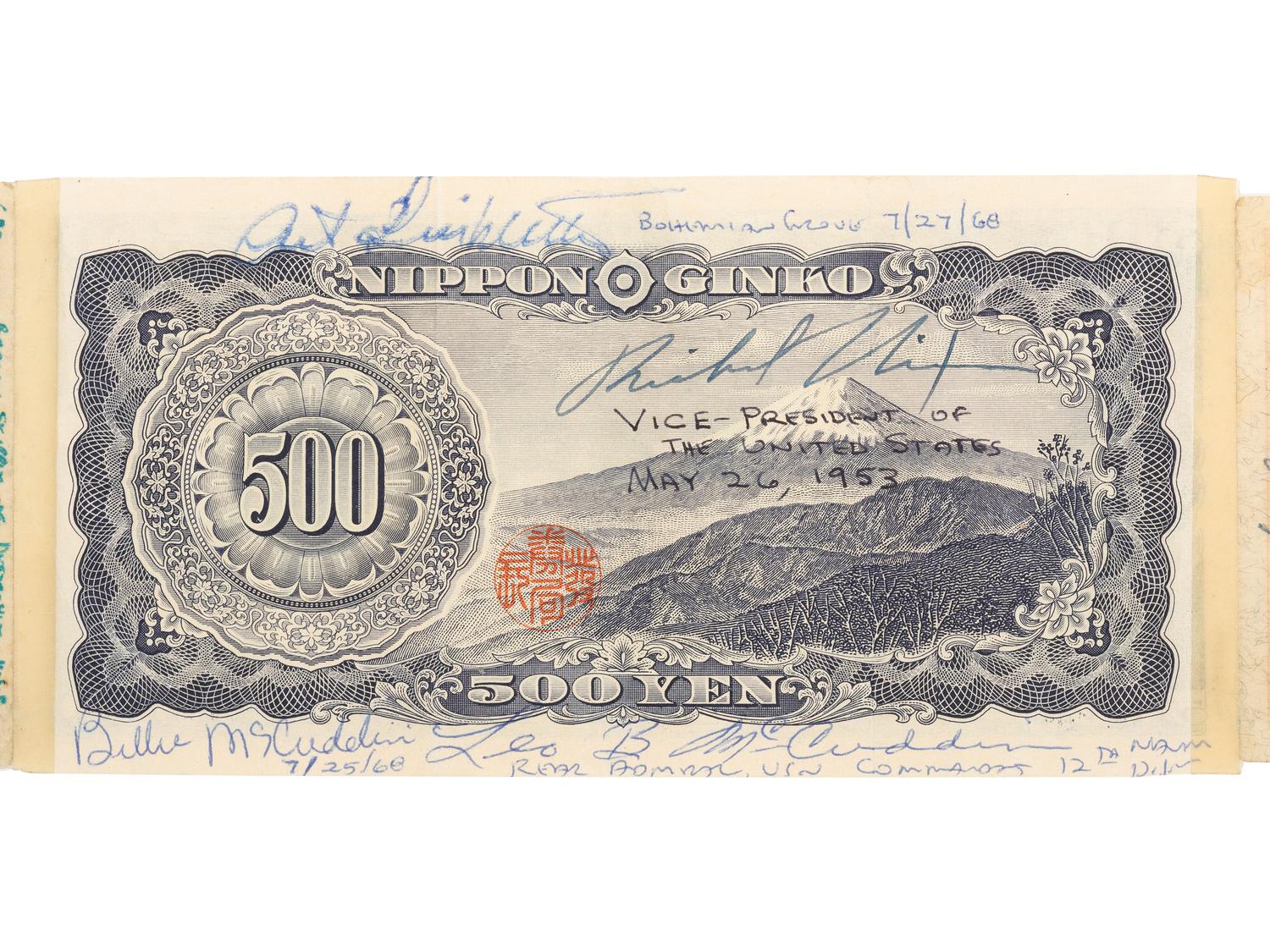[WORLD WAR II]. Short snorter identified to Rear Admiral Edwin Mark Wilson, Jr. USN, containing autographs of Genl. Douglas MACARTHUR, Eddie RICKENBACKER, Willie MAYS, Herbert HOOVER, Richard NIXON, and more. Ca 1945-1977.
