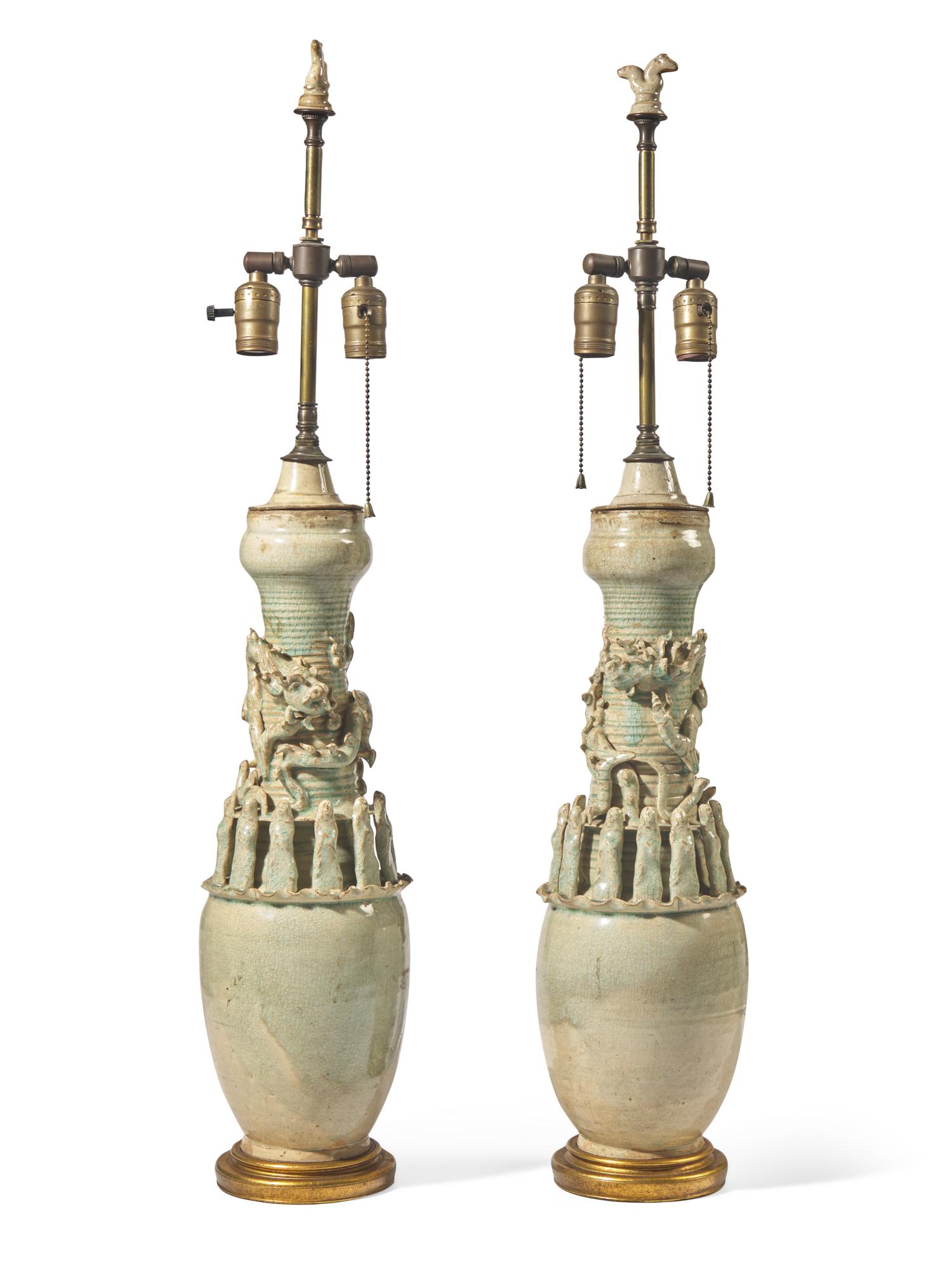 A Pair of Chinese Celadon-Glazed Qingbai Funerary Urns, Later Mounted as Lamps