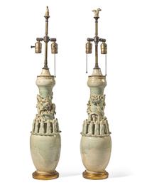 A Pair of Chinese Celadon-Glazed Qingbai Funerary Urns, Later Mounted as Lamps