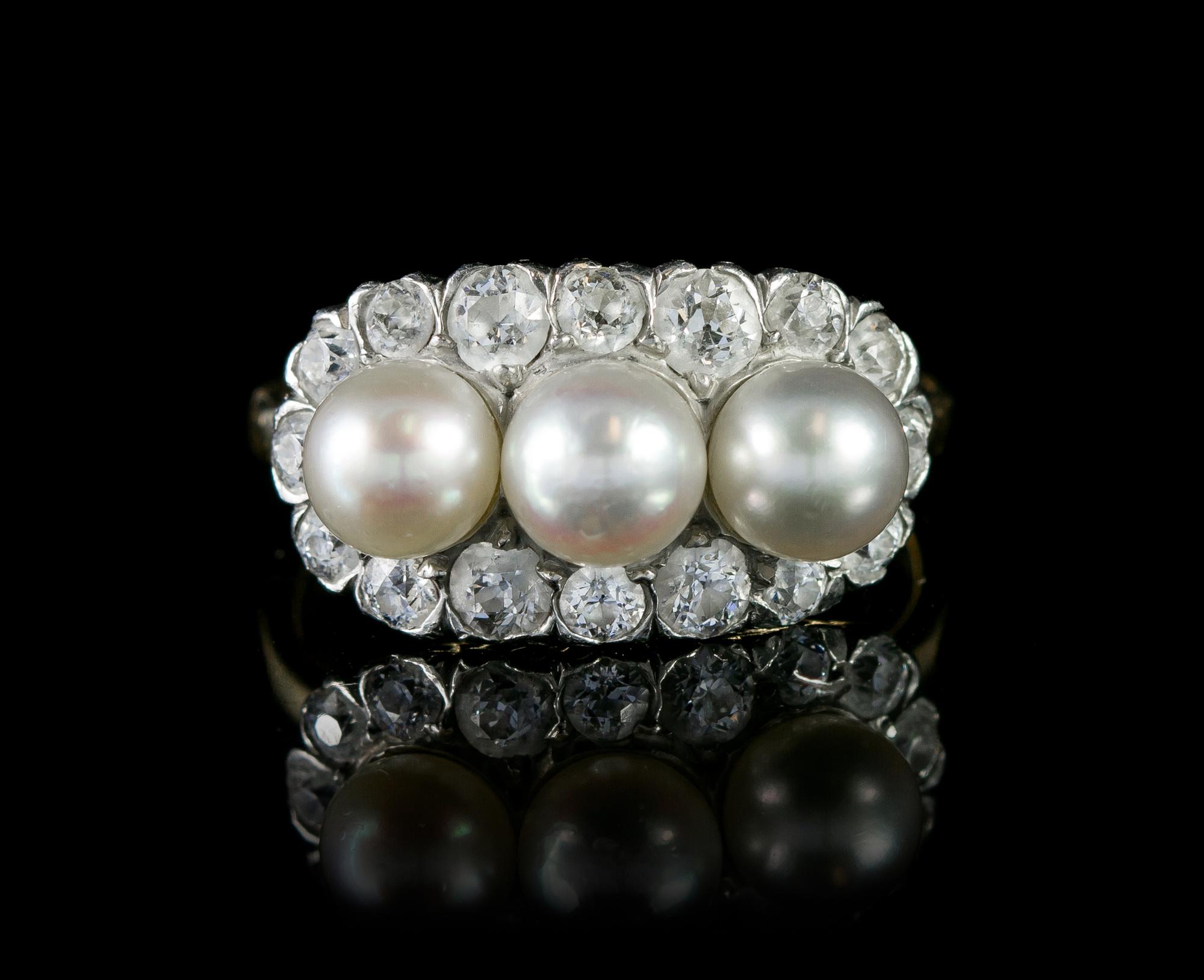 A Platinum, Yellow Gold, Natural Pearl and Diamond Ring, Tiffany & Co., 3.40 dwts.