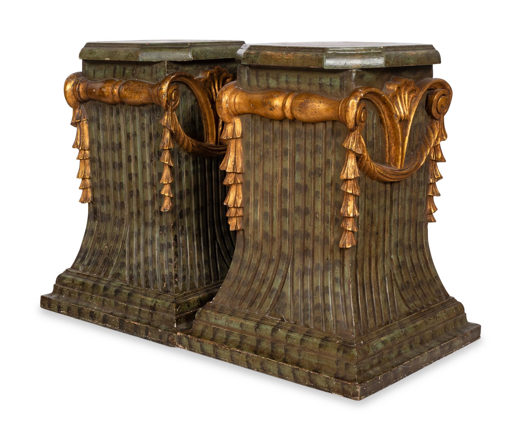 A Pair of Large Italian Polychrome and Giltwood Pedestals