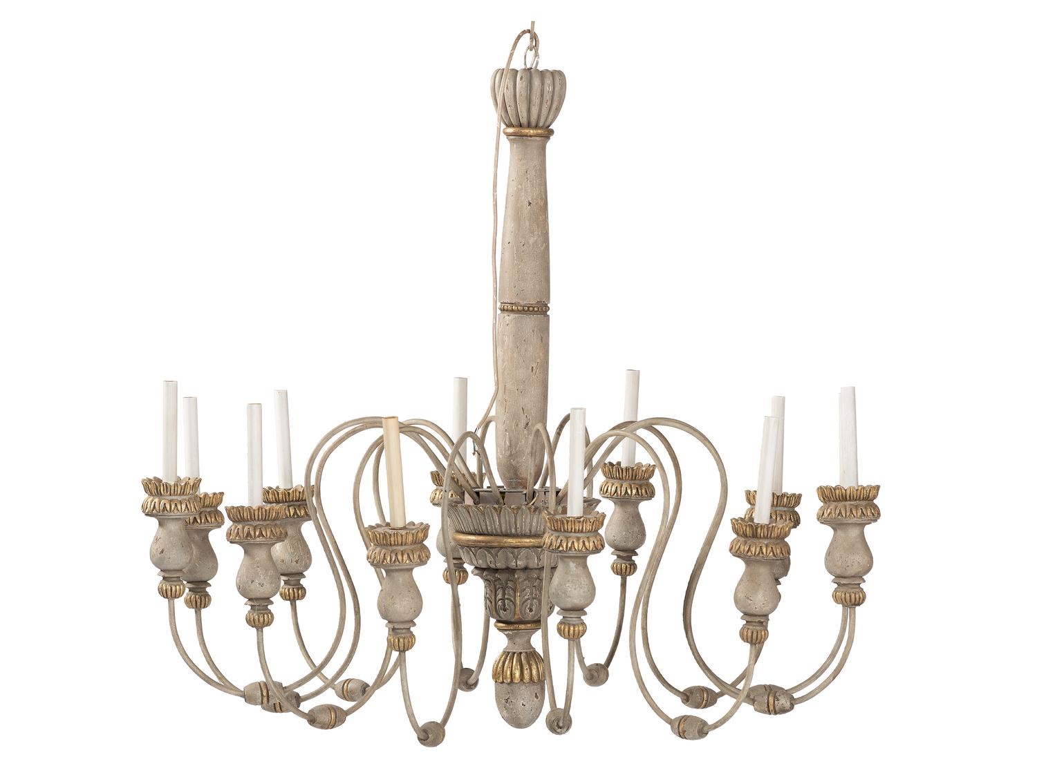 A Pair of Carved and Painted Wood Twelve-Light Chandeliers