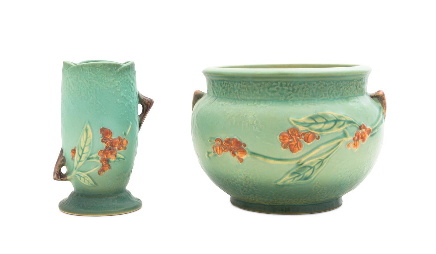 Two Roseville Bittersweet Pottery Articles Height of first 6 1/4 inches.