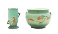 Two Roseville Bittersweet Pottery Articles Height of first 6 1/4 inches.