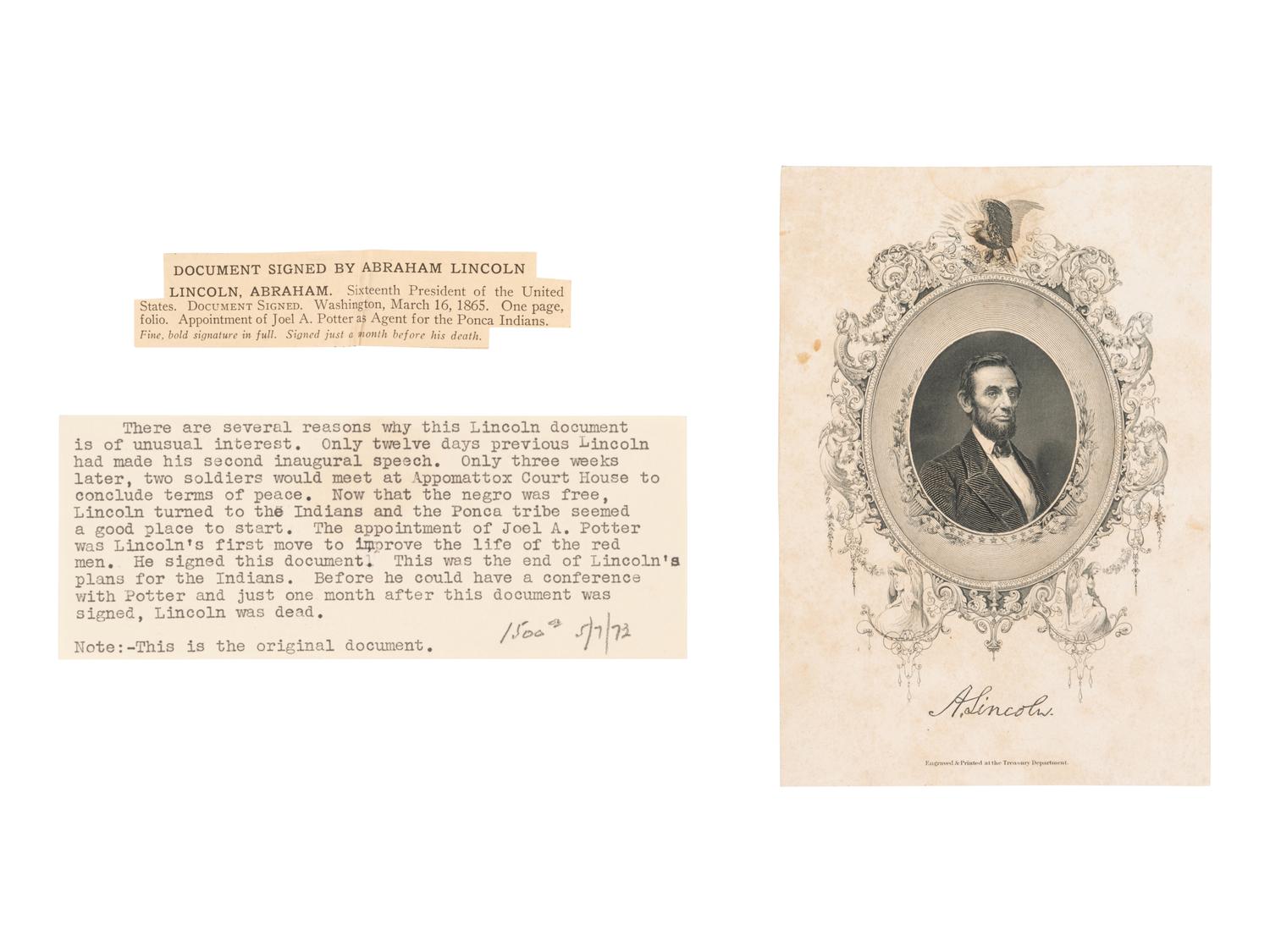 LINCOLN, Abraham (1809-1865). Engraved document signed ("Abraham Lincoln"), as President, countersigned by Secretary of the Interior John Palmer Usher, 16 March 1865.