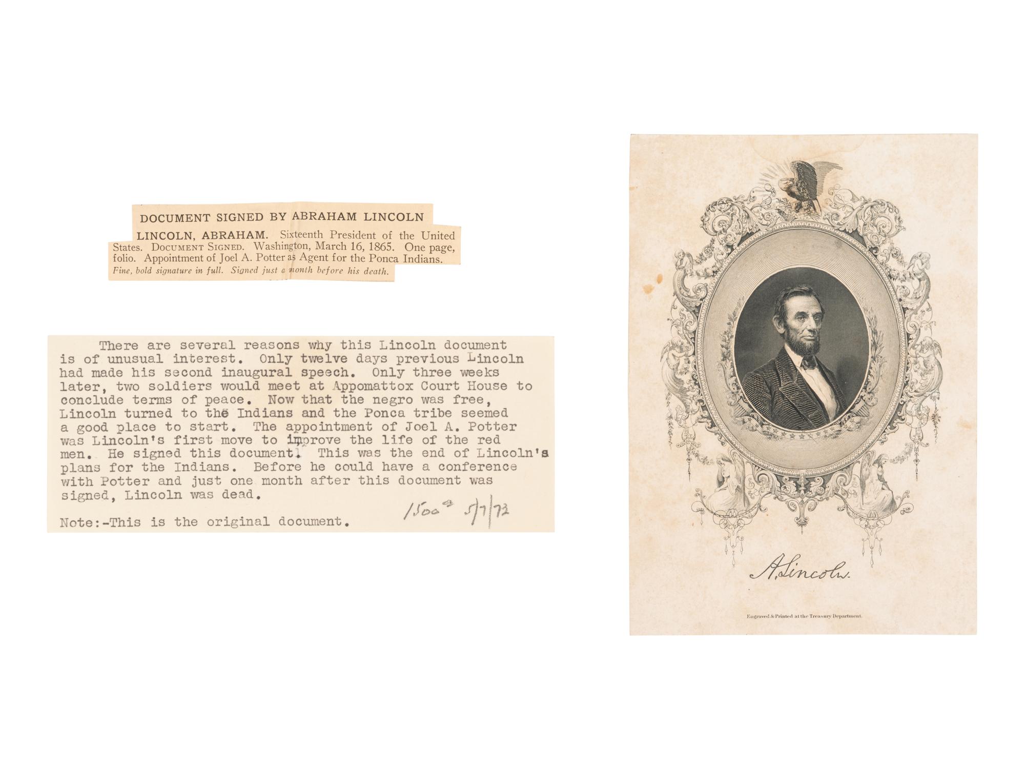 LINCOLN, Abraham (1809-1865). Engraved document signed ("Abraham Lincoln"), as President, countersigned by Secretary of the Interior John Palmer Usher, 16 March 1865.