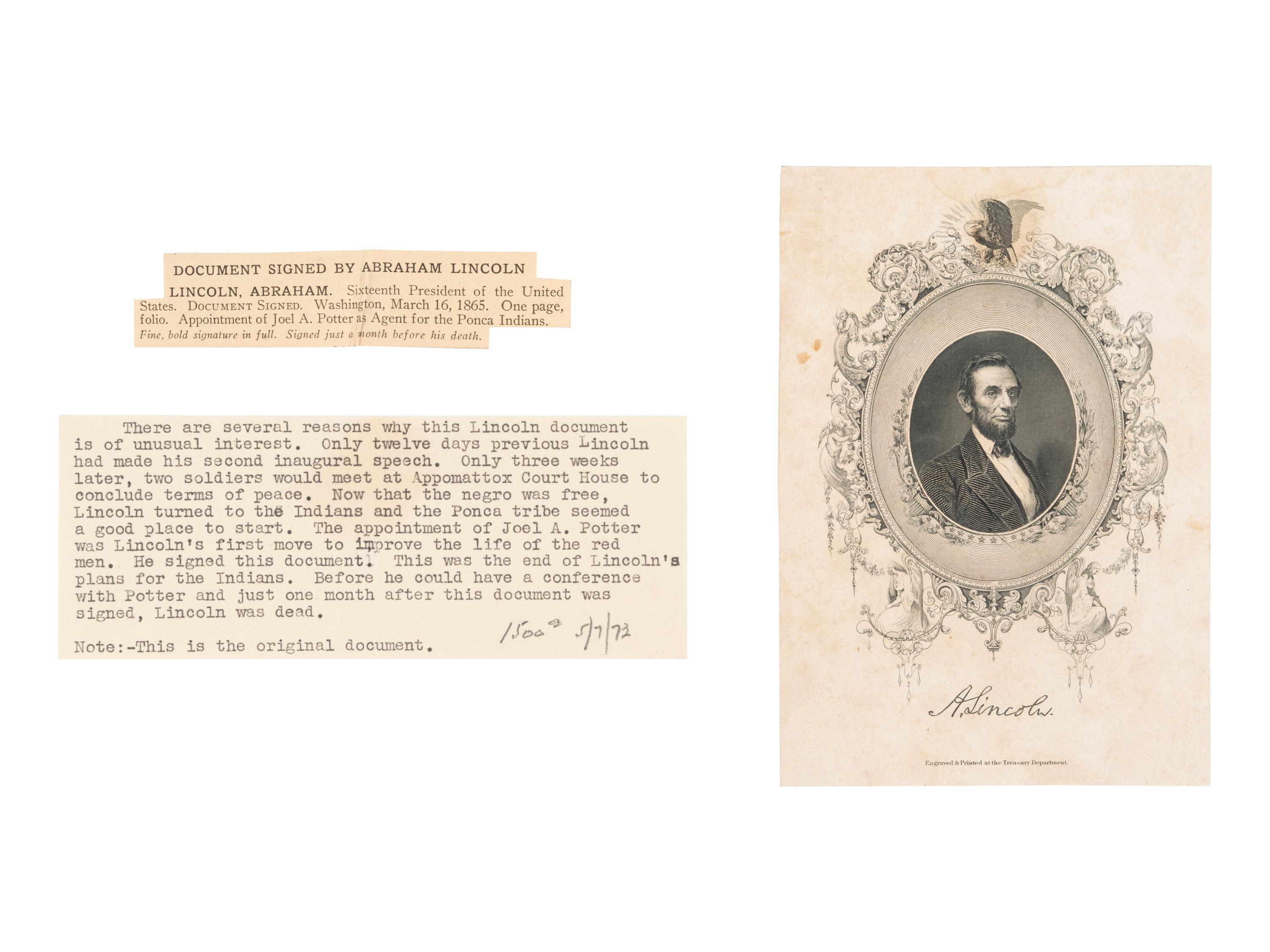 LINCOLN, Abraham (1809-1865). Engraved document signed ("Abraham Lincoln"), as President, countersigned by Secretary of the Interior John Palmer Usher, 16 March 1865.