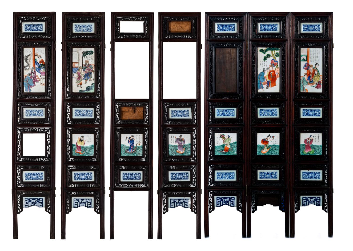 A Chinese Porcelain Inset Hardwood Eight-Panel Screen