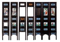 A Chinese Porcelain Inset Hardwood Eight-Panel Screen