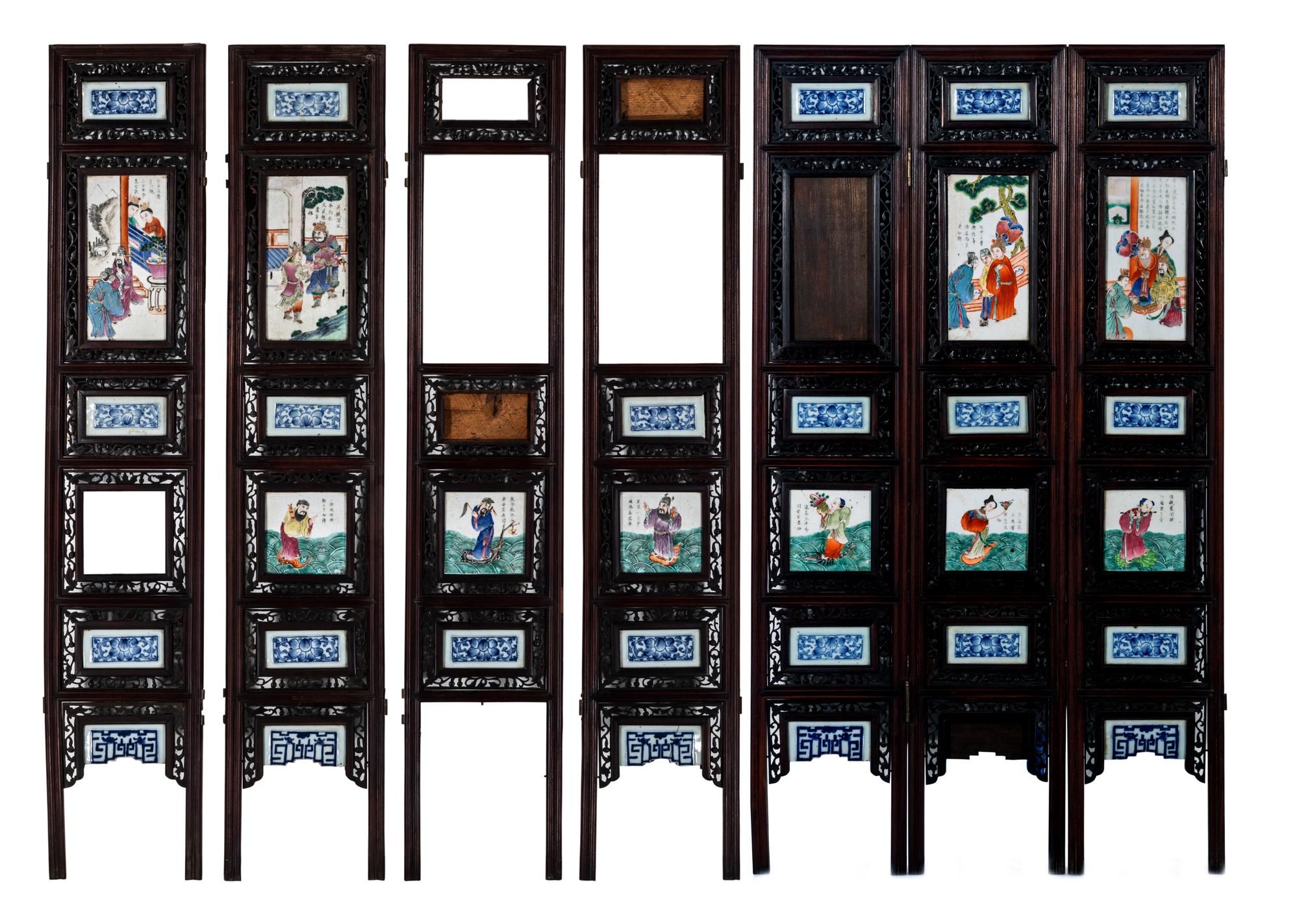A Chinese Porcelain Inset Hardwood Eight-Panel Screen