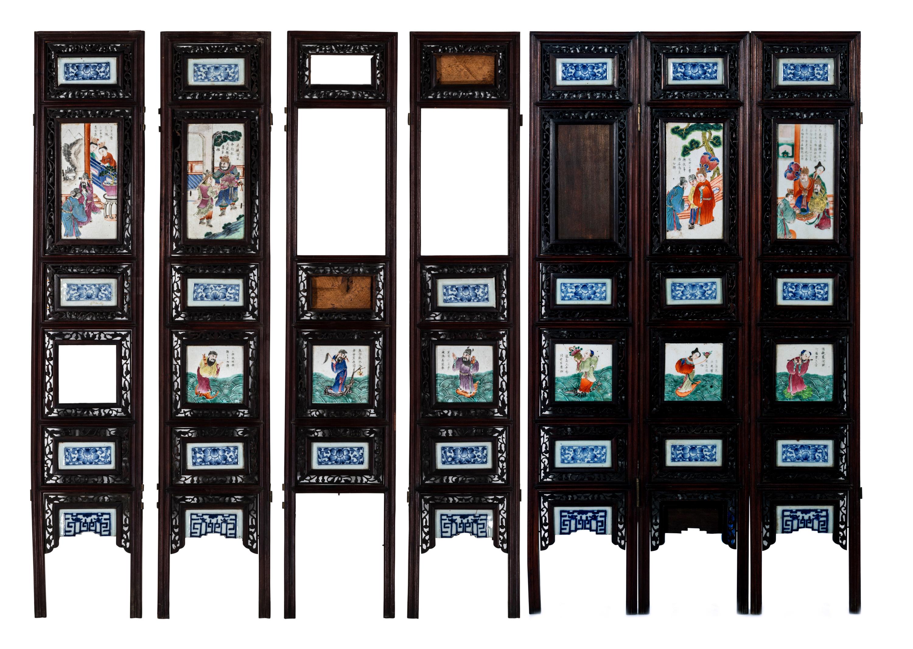 A Chinese Porcelain Inset Hardwood Eight-Panel Screen