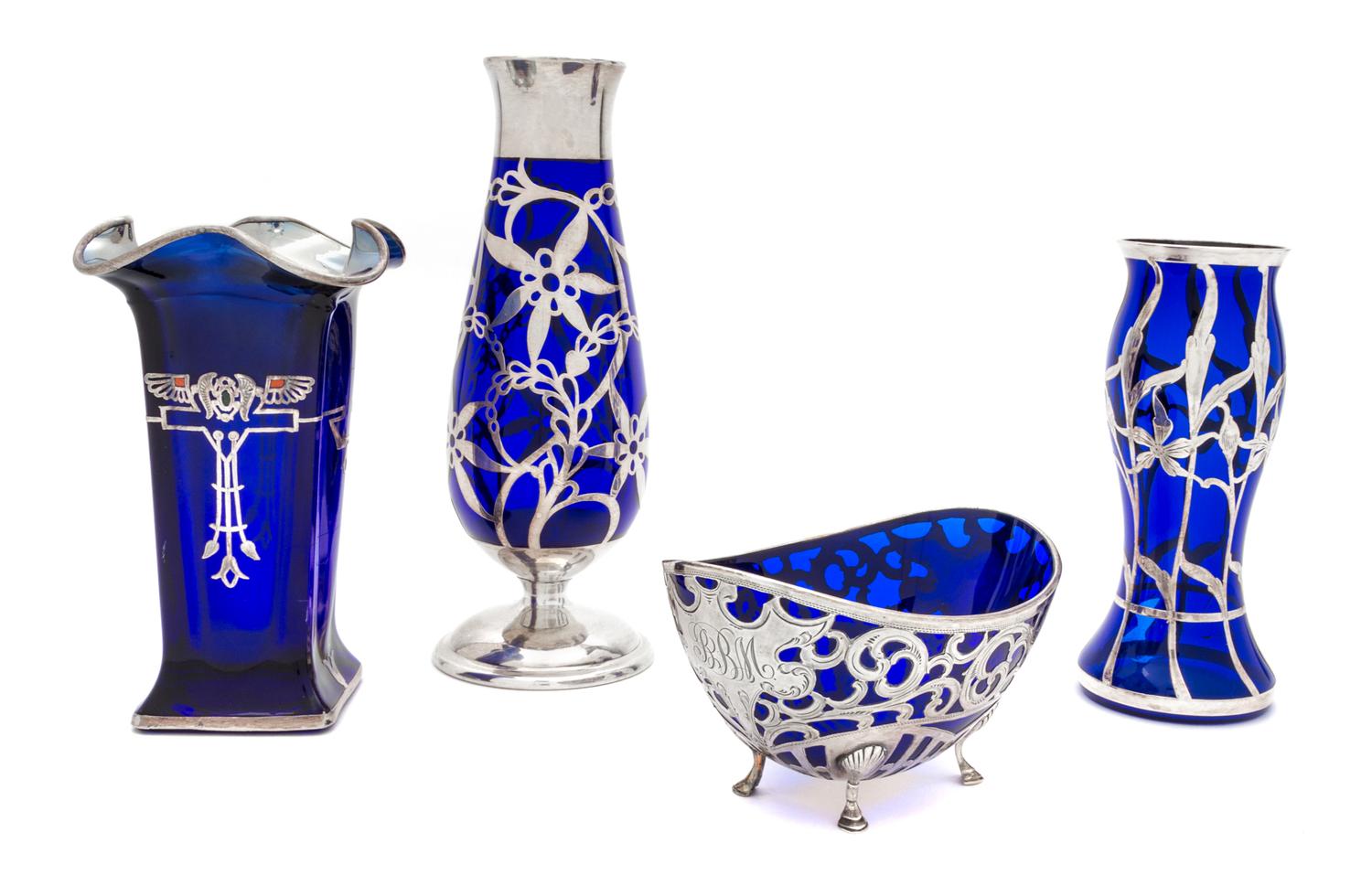 Four Silver Overlay Cobalt Glass Articles Height of tallest 8 3/8 inches.