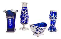 Four Silver Overlay Cobalt Glass Articles Height of tallest 8 3/8 inches.