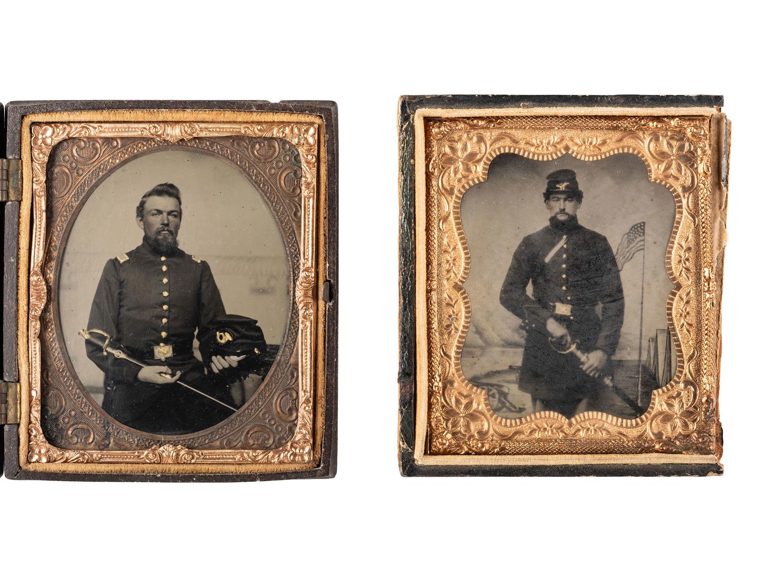[CIVIL WAR]. A pair of sixth plate tintypes featuring armed company grade officers.