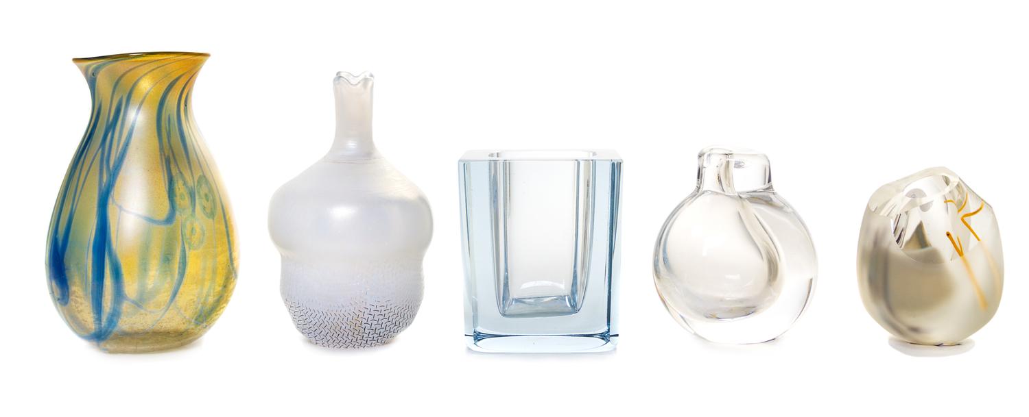 A Collection of Five Studio or Production Glass Vases Height of tallest 7 3/8 inches. — 20TH CENTURY