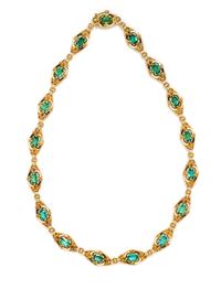 An Art Nouveau Yellow Gold, Tourmaline and Polychrome Enamel Necklace, 15.00 dwts.