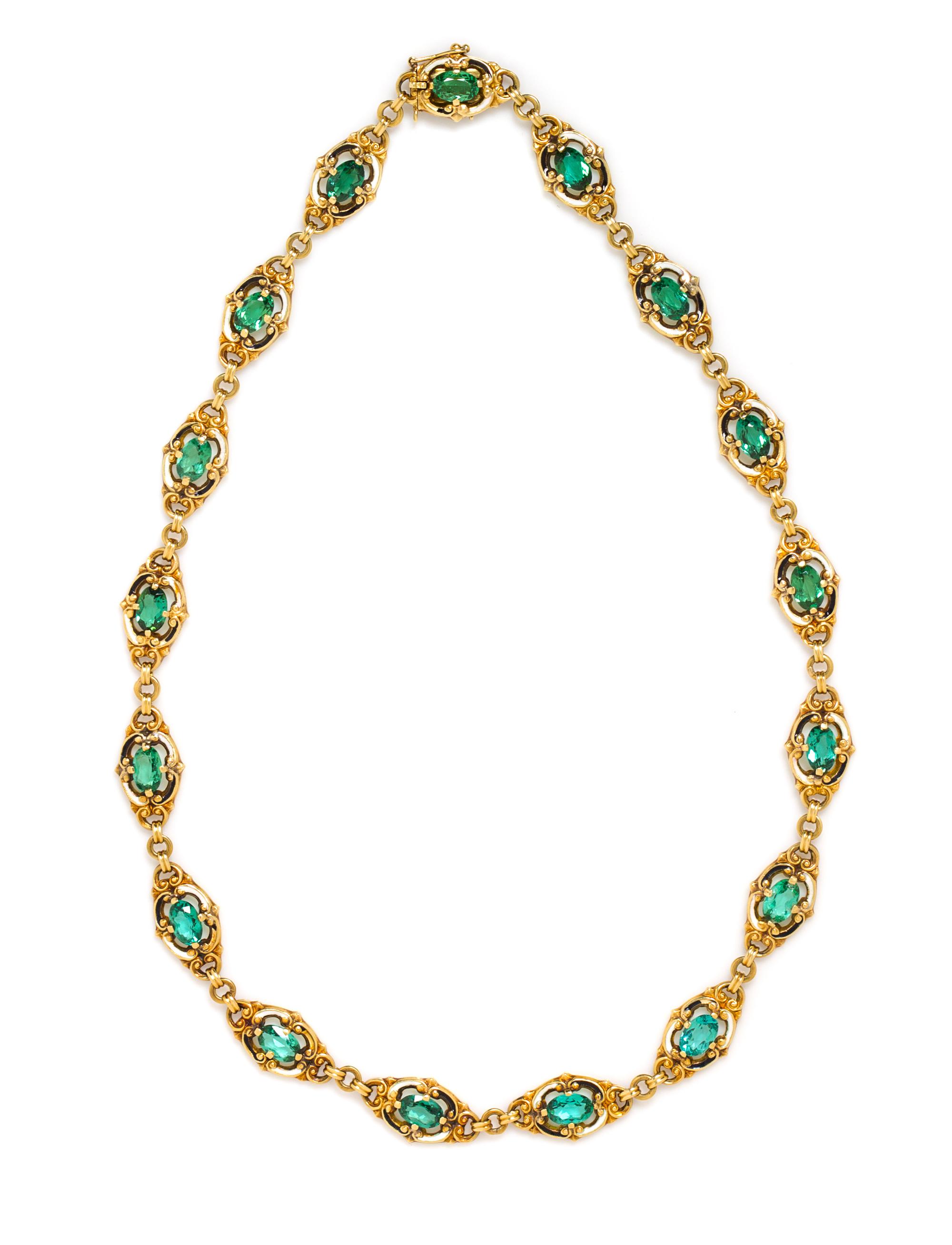 An Art Nouveau Yellow Gold, Tourmaline and Polychrome Enamel Necklace, 15.00 dwts.